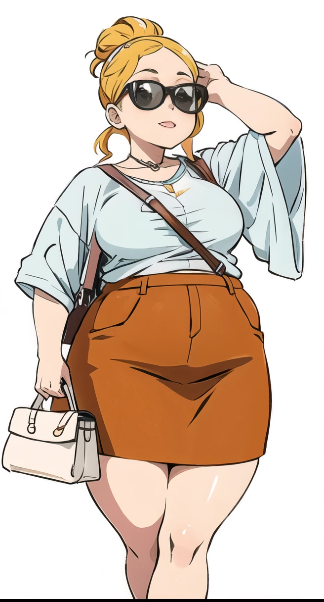 A cartoon illustration of a lady with a purse and sunglasses,full body portrait, She has a wobbly fat belly, full body picture,rich woman