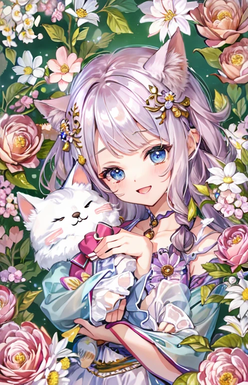 ((highest quality)), ((masterpiece)), (get used to it), LINE sticker style , perfect face , Cat , Lots of flowers in the background ,