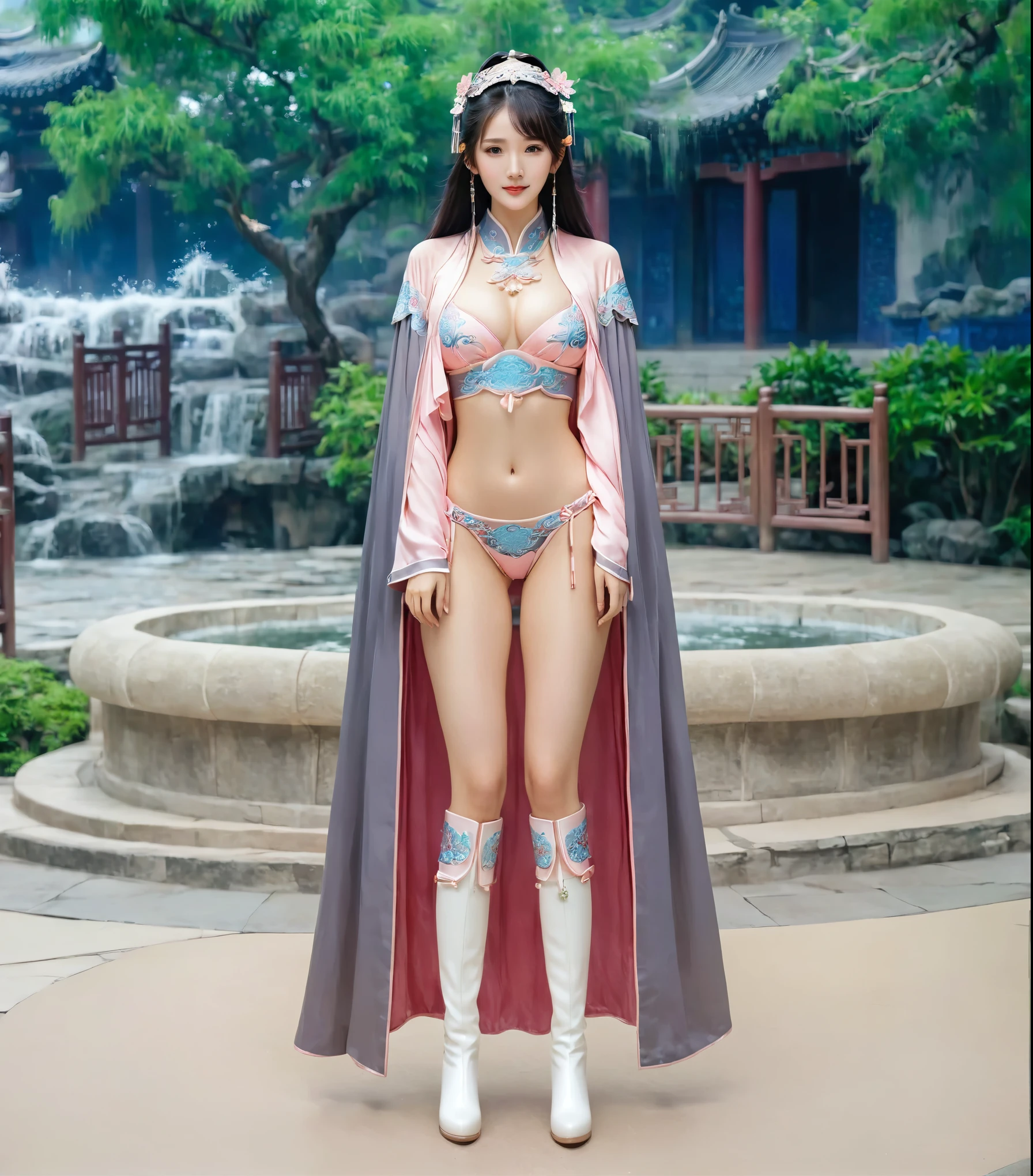 美麗的fantasy皇后, anime goddess, sweet smile, full body xianxia, ((美麗的fantasy皇后)), Sexy pink bikini underwear，high-cut underwear，high cut underwear，Long-legged girl，put on boots，white boots，huge breasts，Put on your hat, Chinese Hanfu，fantasy服装, Sha Xi, ((美麗的fantasy皇后)), Put on a priest&#39;s cloak, Full red cloak, 穿着fantasy服装, Anime girl cosplay watching the audience，Face the audience，put your hands next to you,flowing long hair，Surreal 8000g，Impeccable，masterpiece，professional artwork，famous artwork，Light，movie bloom，perfect face，pretty face，fantasy，Dreamy and magical，not real，intricate details，Exquisite patterns