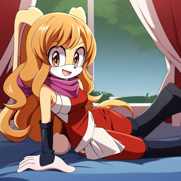 Female, Mobian, Rabbit, Cream the Rabbit, sonic the hedgehog \(series\), rabbit girl, ((solo)), ((1girl)), ((hairstyles, long wavy hair with curtain side bangs, similar to Maria)), brown eyes, (eyes open), happy, young adult, average sized breasts, hair on top of shoulders, long peach hair color that’s is wavy, wearing a blue anime styled scarf, wearing a red one piece, knee length tights, black boots, white gloves, (((2D Anime Style))), side view poses