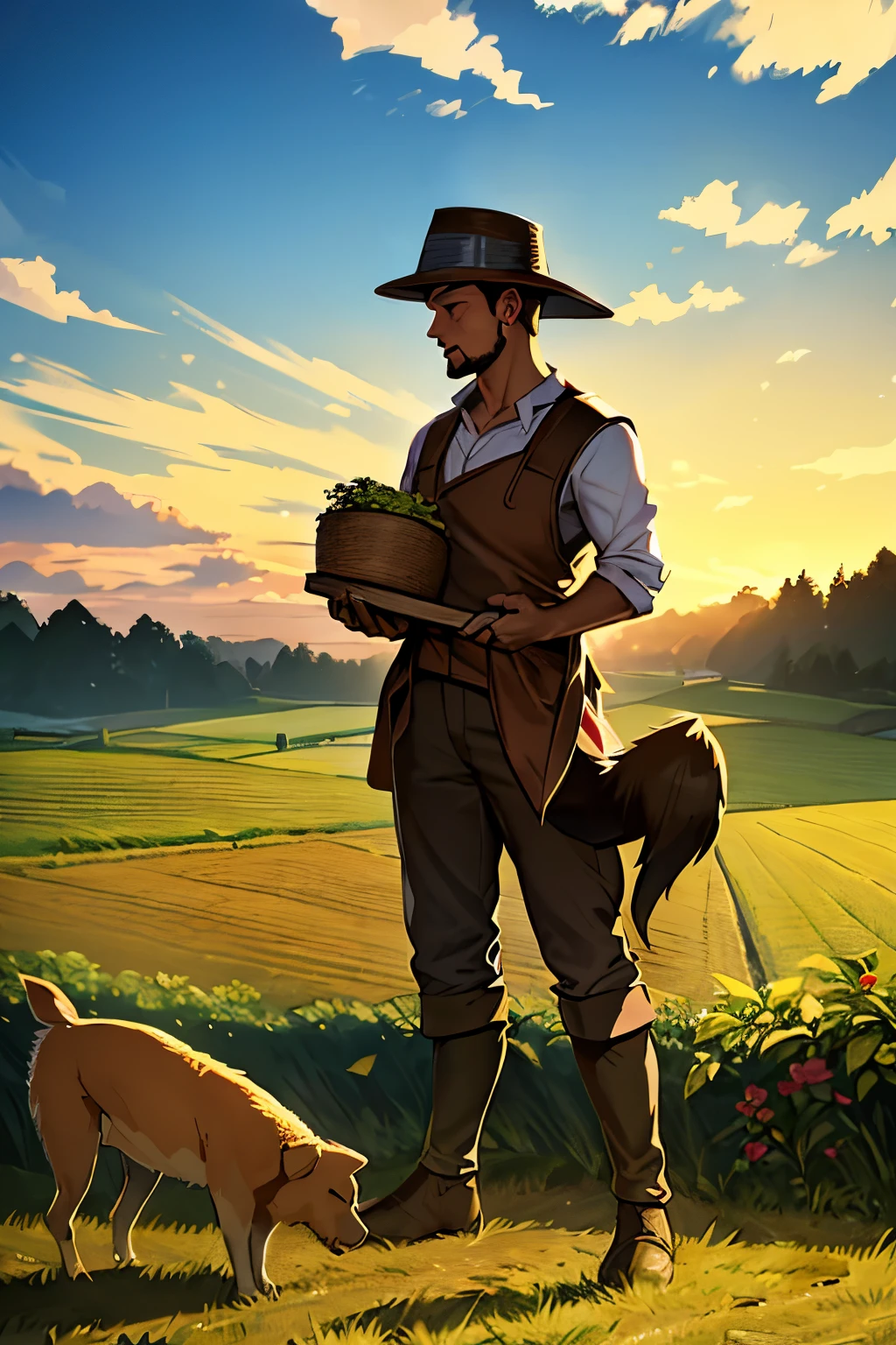 In the countryside, there's James, a dedicated farmer. Every morning, he tends to his crops, guided by the rising sun. With weathered hands and a faithful dog by his side, he nurtures the land he loves. Through every season, he works tirelessly, finding solace in the rhythm of growth and harvest. Despite challenges, James remains resilient, his connection to the earth unbreakable. And as the fields flourish under his care, he knows he's living his purpose—a humble farmer, embracing the beauty of nature's bounty. with a cute dog next to him.