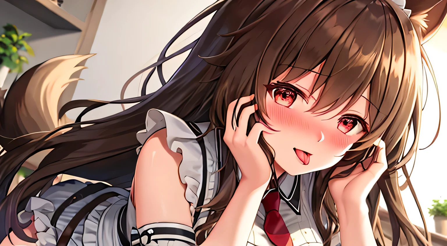 One girl with long hair, brown_hair, looking away, embarrassed, blushing, mouth small open, indoor, maid, maid costume, thigh, necktie, hands on own face, ear blush, covering face, mature female, close up, animal_ears, long_hair, dog_ears, brown_hair, bangs, red_eyes, dog_girl, open_mouth, breasts, blush, hair_between_eyes, very_long_hair, open_mouth, tongue, tongue_out