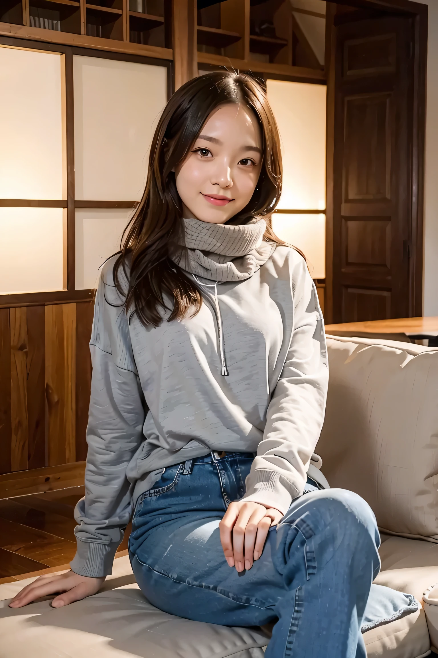 Bell, anime, brown hair, medium breasts, brown eyes, light smile, jeans, scarf, gray sweatshirt, blue pants, sitting, cross-legged, inside a smart home, sitting on the couch, Asada Shino's face, anime Sword Art Online, best quality