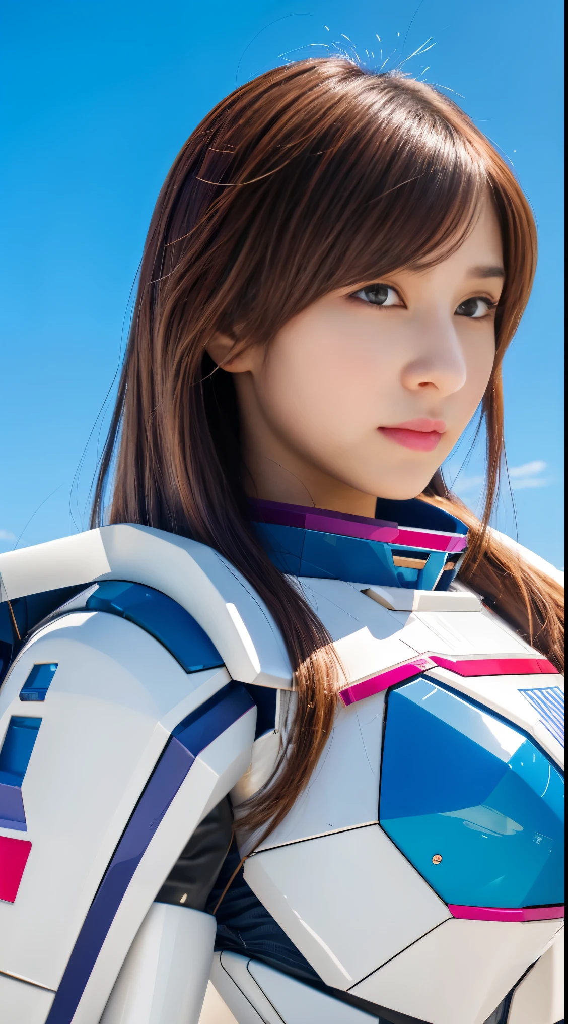 RAW, Masterpiece, Ultra Fine Photo,, Best Quality, Ultra High Resolution, Photorealistic, Sunlight, Full Body Portrait, Stunningly Beautiful,, Dynamic Poses, Delicate Face, Vibrant Eyes, (Side View) a close up of a woman in a pink and white gundam custume, dybamic pose, long brown very very long hair rapunzel, girl in mecha cyber armor, portrait armored astronaut girl, d. va from overwatch, female mecha, on a gundam, gundam head, chiho aoshima color scheme, mobile suit, streamlined purple armor, fully robotic!! girl, realistic cosplay, gundam armor (dynamic pose) (best cameraview), full body