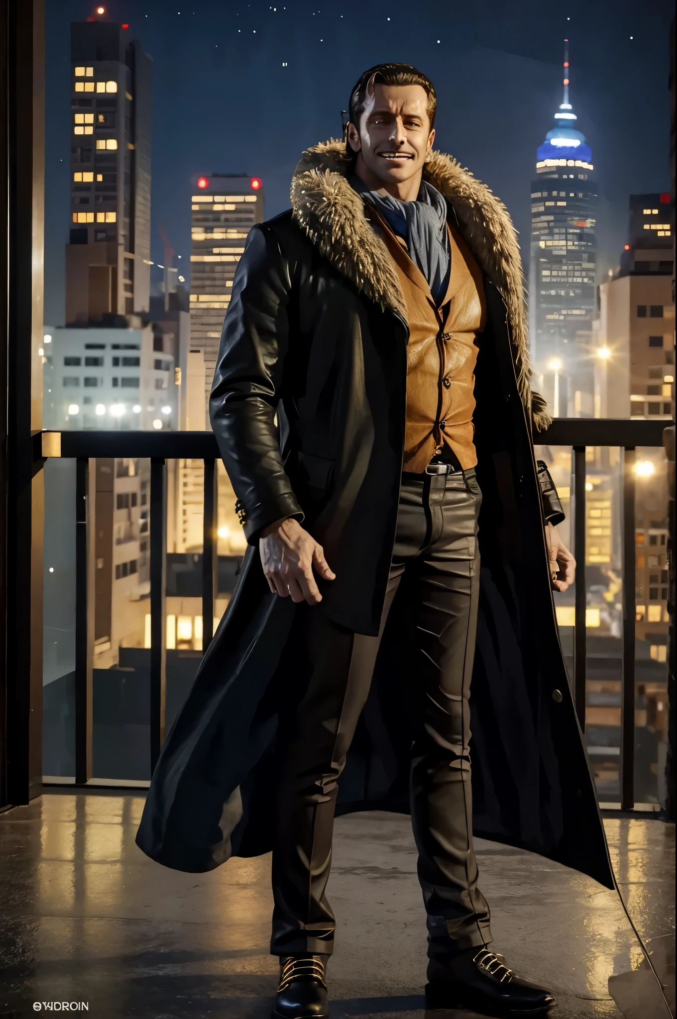 masterpiece, best quality, extremely detailed, hyperrealistic, photorealistic, a cool 40s man, ultra detailed face:1.3, fur-trimmed coat, scarf around the neck, his left hand is a golden pirate hook:1.1, cityscape from rooftop, in the night:1.1, sly smile