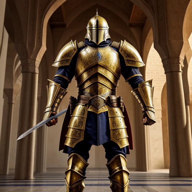 Modern Heavily armored knight, masterpiece, medieval, detailed armor, fantastic armor, golden armor, in a mosque, amazing and unique sword in his hand, full body, solo,