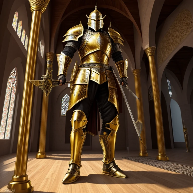 Modern Heavily armored knight, masterpiece, medieval, detailed armor, fantastic armor, golden armor, in a mosque, amazing and unique sword in his hand, full body, solo,