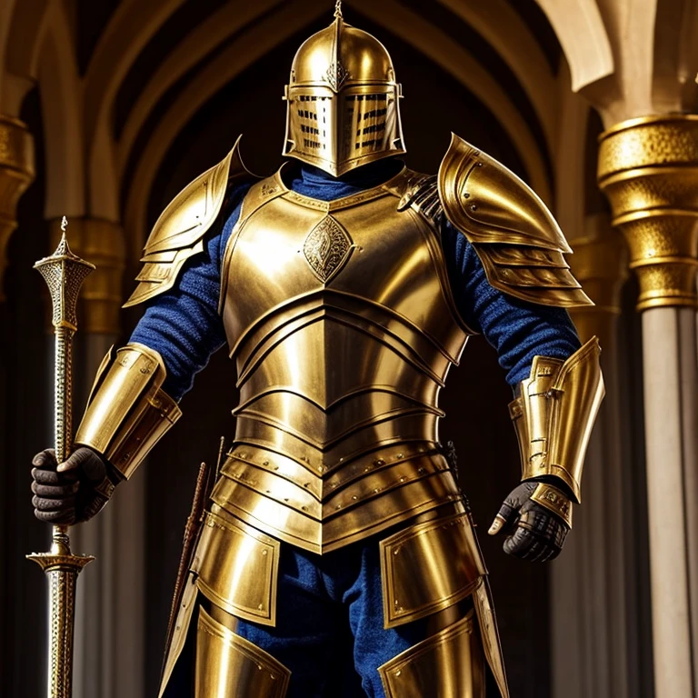 Modern Heavily armored knight, masterpiece, medieval, detailed armor, fantastic armor, golden armor, in a mosque, amazing and unique sword in his hand, full body, solo,