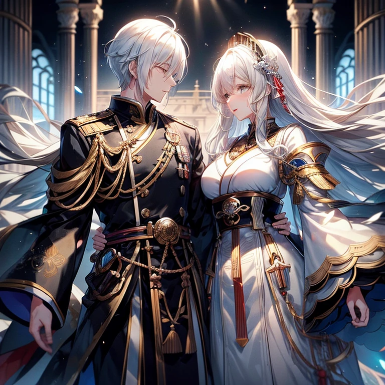 Japanese anime、A happy couple、A white-haired man embraces a black-haired woman、The woman is wearing a black princess dress、The man is wearing a white military uniform、Majestic castle