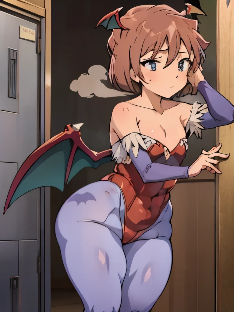 ,curvy highlighted booty, light brown hair,blue eyes,short hair,small breasts,steam,She has bowlegs,Girls playing in the locker room,leotard,blushed,troubled expression,chubby,muscular body,Wearing light purple tights,Small bat wings on head,Bat wings attached to waist