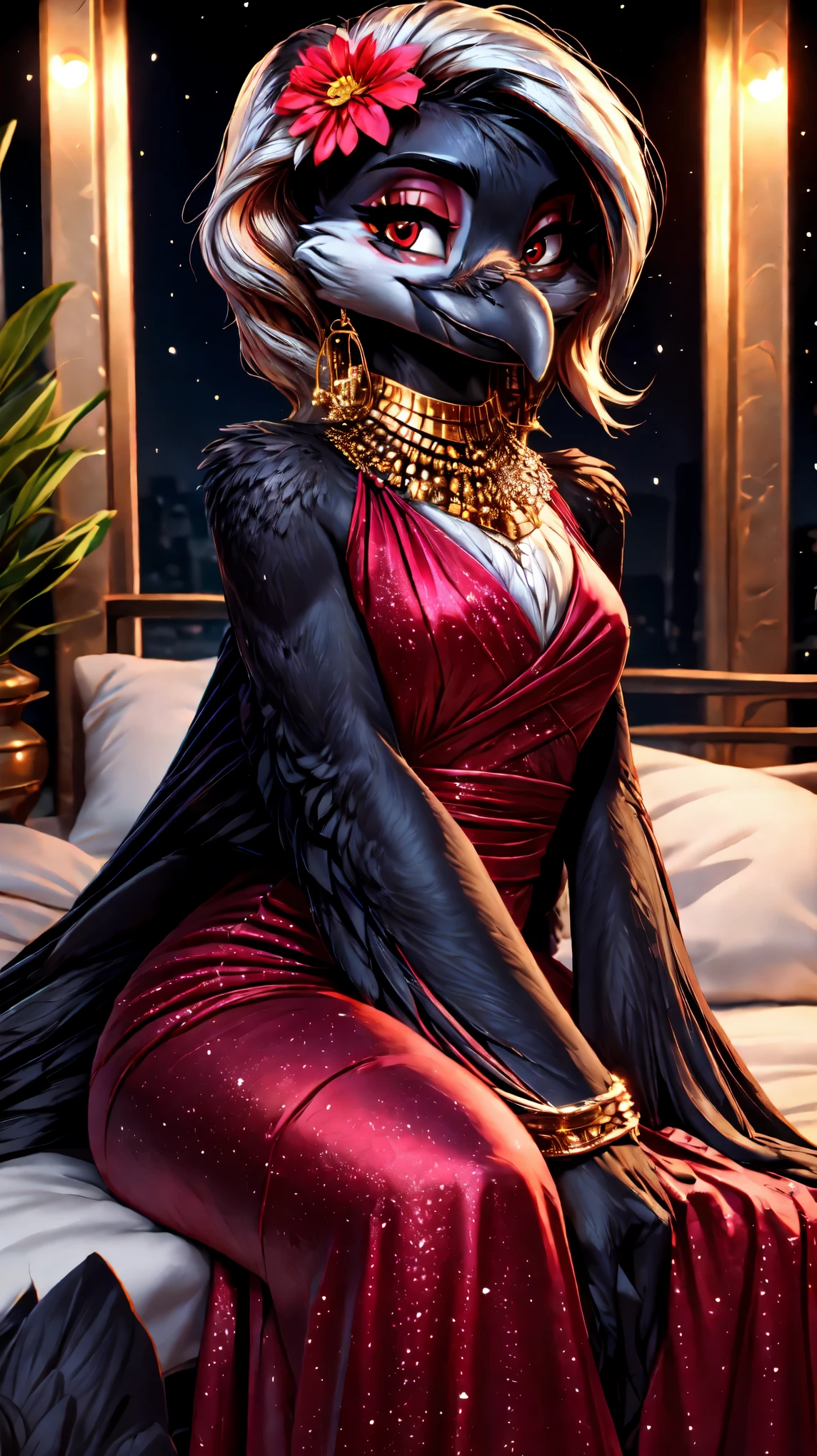 2 Beautiful woman,(((beautiful red eyes))),((((chibi:1.5)))),side facing,((((winged-arms)))),(((Beautiful night view of big city))),((((jewelry:1.5)))),((Athletic body:1.5)),(((anthro crow))),(((luxury bed room:1.3))),(((Lover-like relationship))),((((racy dress)))),(((blush smile))),((flower hair ornament)),female,(((sitting))),((wine bottle)),portrait,((((flat chest)))), beak,cute,Super high quality,masterpiece,heart shaped pupils,(highest quality,4k,8K,High resolution,masterpiece:1.2), Super detailed, HDR, UHD, studio lightning, ultra-fine goodinting, sharp focus, Physically based rendering, extrine detail description, Professional, Bright colors, Bokeh, (in) you bring, landscape, photograph, concept artist (Style), (with) vibrant color goodlette, (good) soft lighting