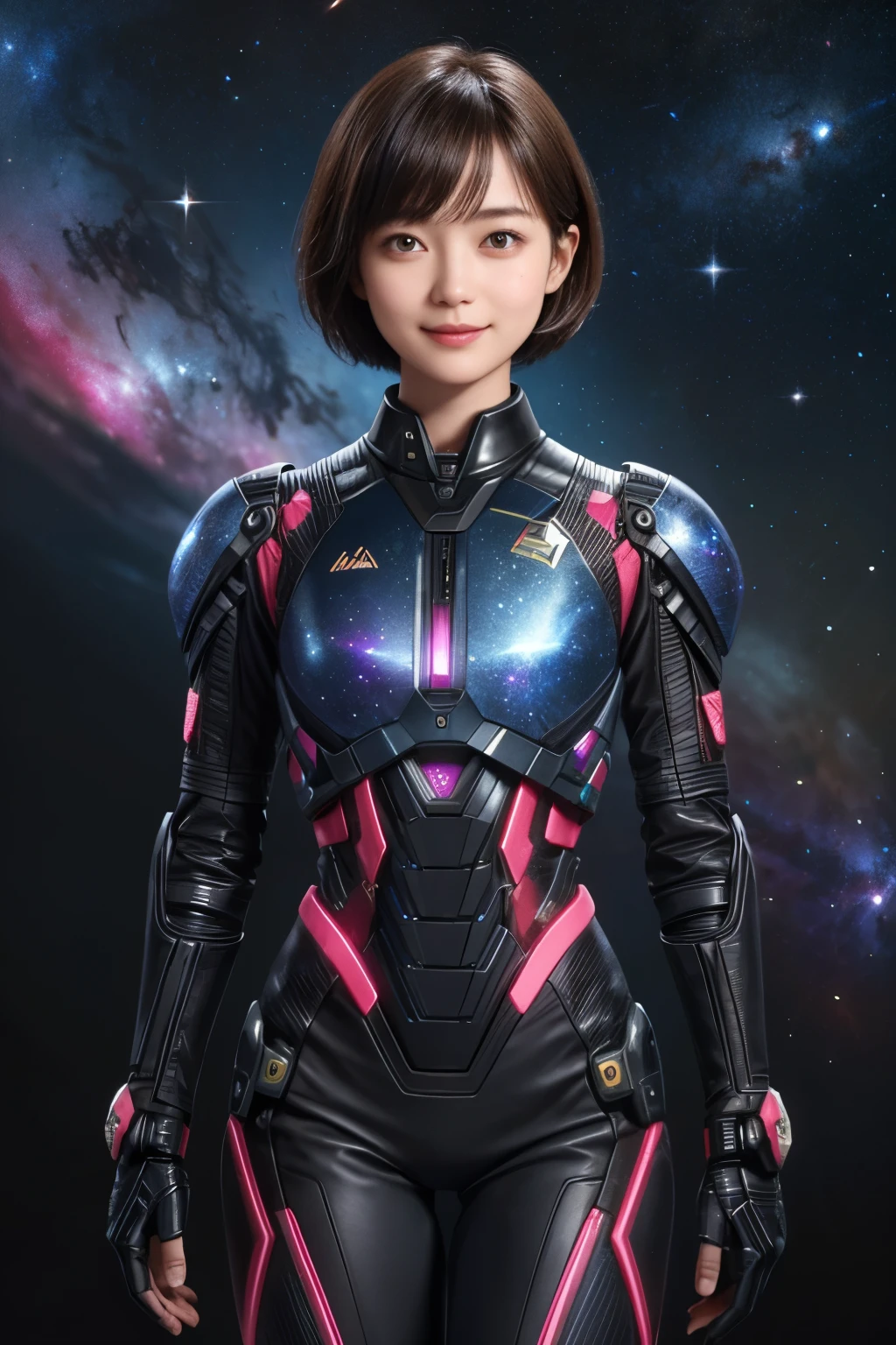 208 Short Hair, 20 year old female, Floral, gentle smile, Futuristic clothing, mechanical suit, (The background is a galaxy and nebula)