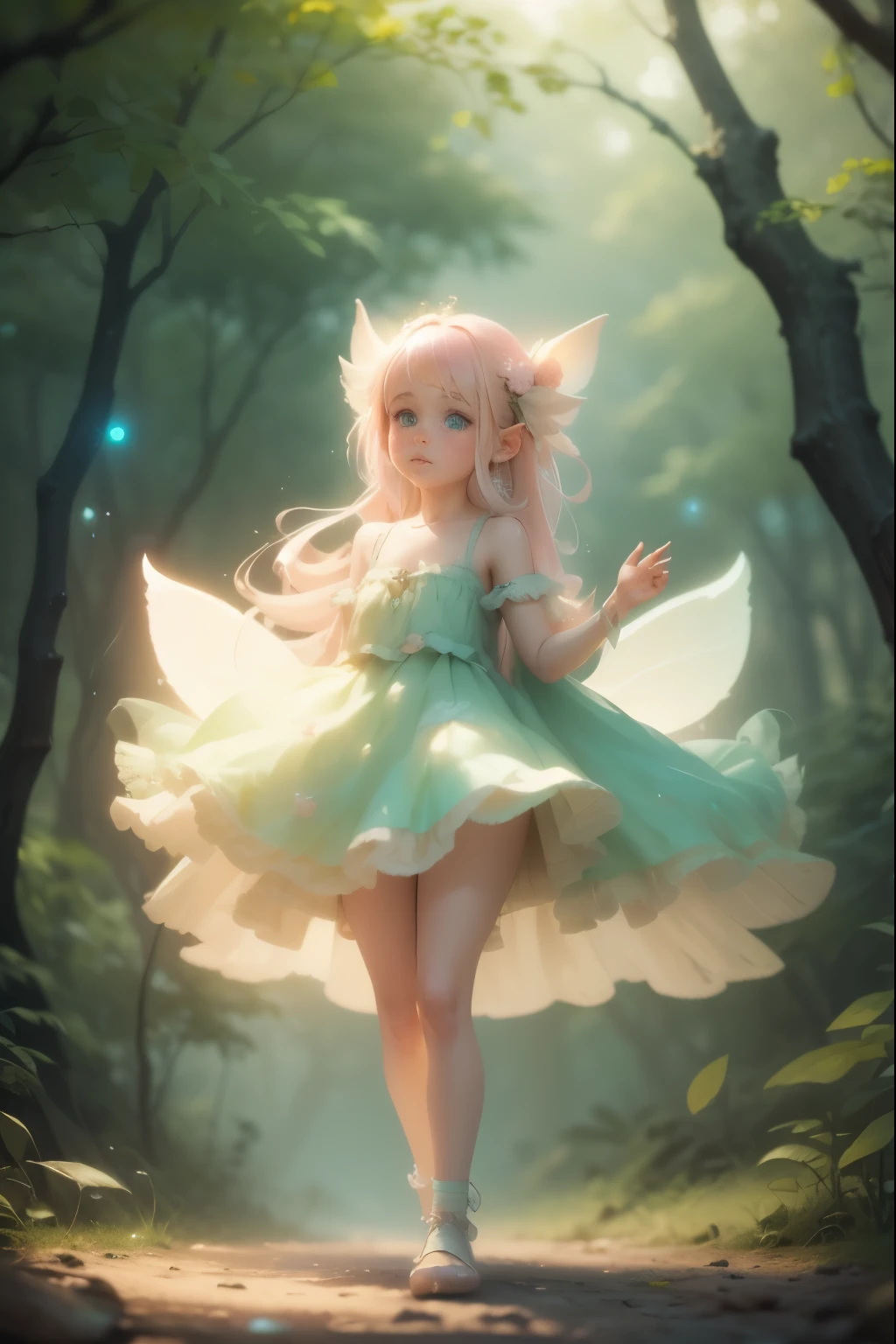 Shabby chic dreamy glows pastel woodland freckled fairy girl swirling magical fairytale abstract artstation style