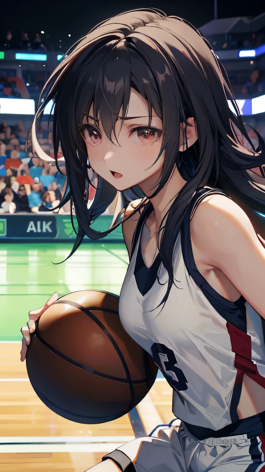 (((Best quality, 8k, Masterpiece: 1.3)), ((best quality)), ((masterpiece)), (detailed), perfect face, (female professional basketball player), ((dribbling)), in a basketball game, shiny sweat, (black hair,) Serious eyes concentrating on the game, Shows the whole body