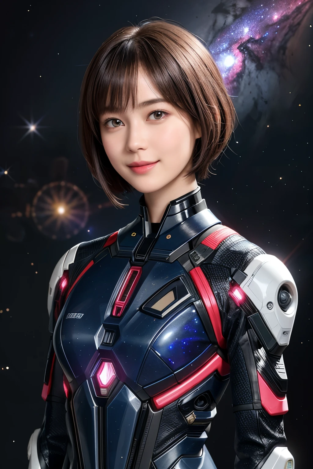 208 Short Hair, 20 year old female, Floral, gentle smile, Futuristic clothing, mechanical suit, (The background is a galaxy and nebula)