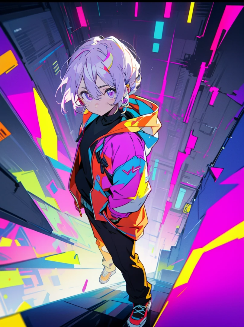 A boy wearing a cyberpunk hoodie and pants, high angle view, detailed eyes, detailed face, detailed body, purple eyes, white haired, standing atop a skyscraper
