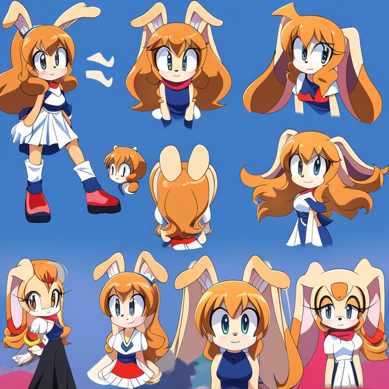 Female, Mobian, Rabbit, Cream the Rabbit, sonic the hedgehog \(series\), rabbit girl, ((solo)), ((1girl)), ((hairstyles, long wavy hair with curtain side bangs, similar to Maria)), brown eyes, young adult, average sized breasts, hair on top of shoulders, long peach hair color that’s is wavy, wearing a blue anime styled scarf, wearing a red one piece, knee length tights, black boots, white gloves, (((2D Anime Style))), many expressions