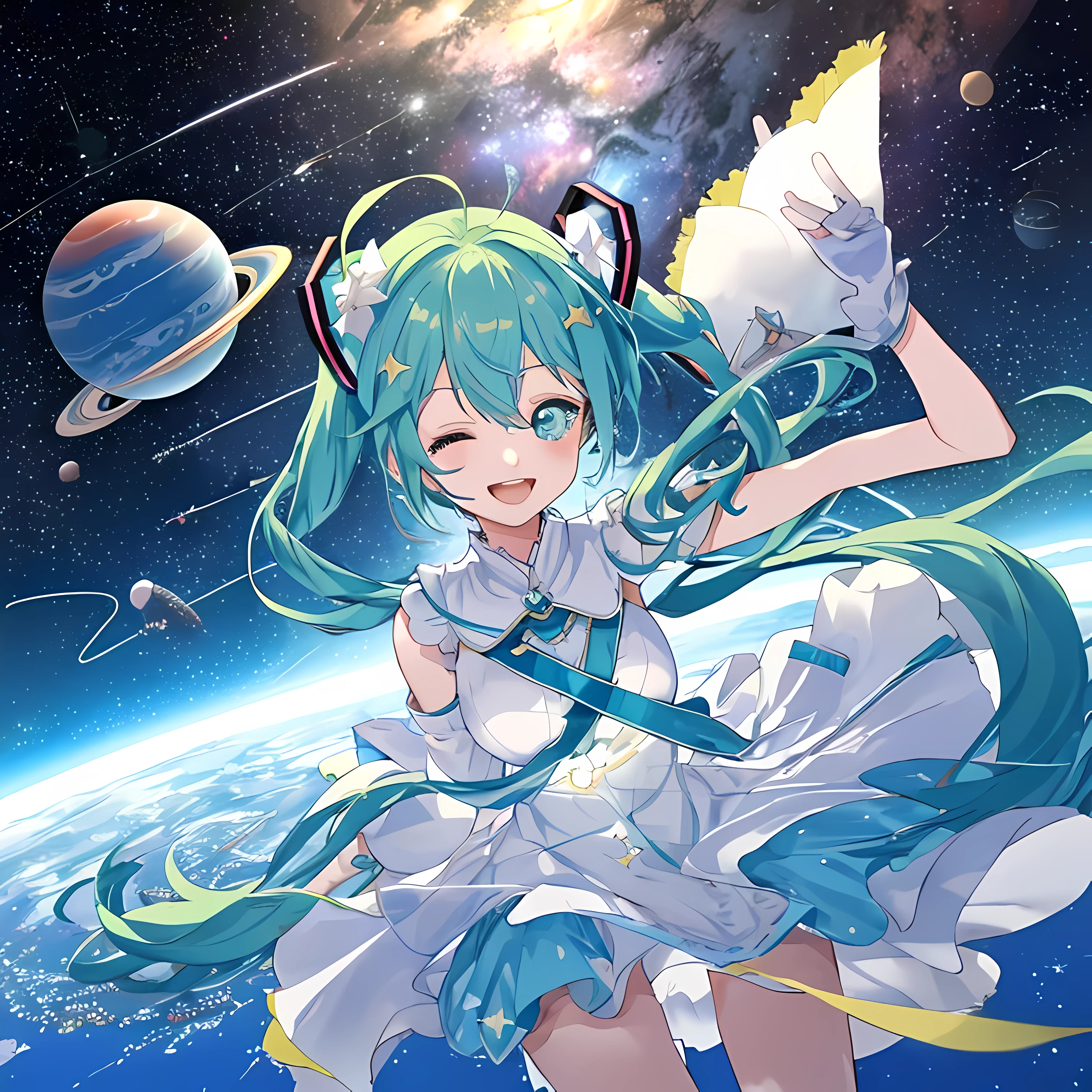Miku having fun in outer space with stars and planets