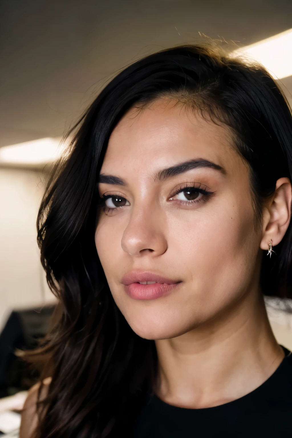 Selfie in the office. Black hair. Pink lipstic. At 25 years old, her natural wavy locks cascade around her, complementing her enchanting brown eyes and flawless figure. The photograph, expertly captured with Canon's 85mm lens and 4K resolution, reveals intricate details without distortion. Kodak color vision enhances the atmospheric depth, while post-processing refines the image for an ultra-realistic allure. Captured in medium format with a focus on atmospheric foreground and subdued lighting, the result is a high-quality photographic masterpiece. Boasting maximum detail and a film grain effect, it offers an immersive 8K UHD experience.