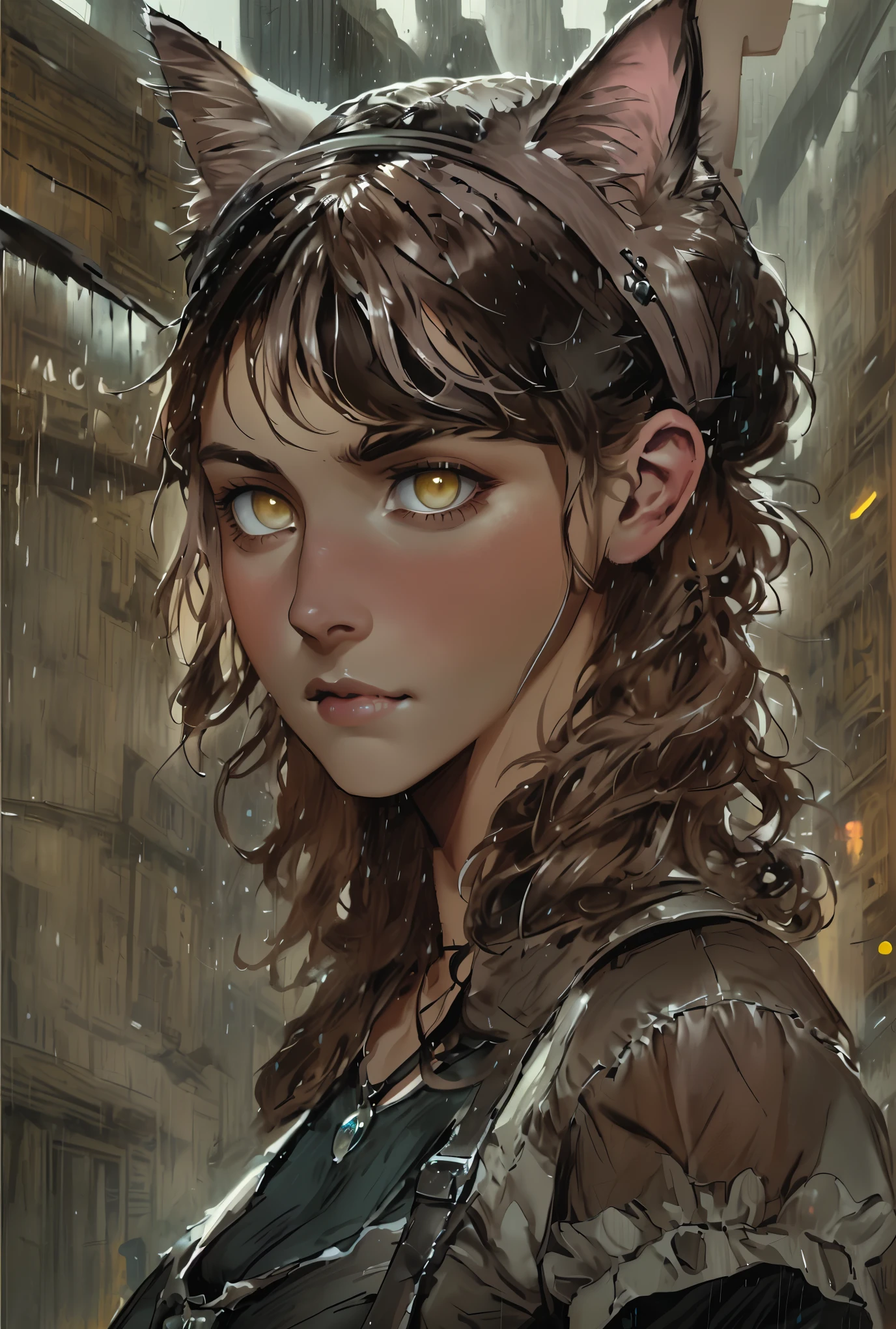 Realism, dark fantasy style, John Tolkien style, Small painting by Jean-Baptiste Monge, portraite of a, looks from the front, Soft facial features, wearing a headband with cat ears, Rocker Girl, Average height, plump dark pink lips, Engriberts eyebrows, dark brown eyes, looking at away, short straight hair to shoulder blades, Straight short hair, In a short dark silk fitted dress with a large cutout on the chest., big breastes, Bra, predatory nature, Standing next to a motorcycle, rain is dripping, The city, megalopolis, city trail, big house, glass skyscraper Jean-Baptiste Monge, anthropomorphic --ar 2:3 --testp -optimistic;