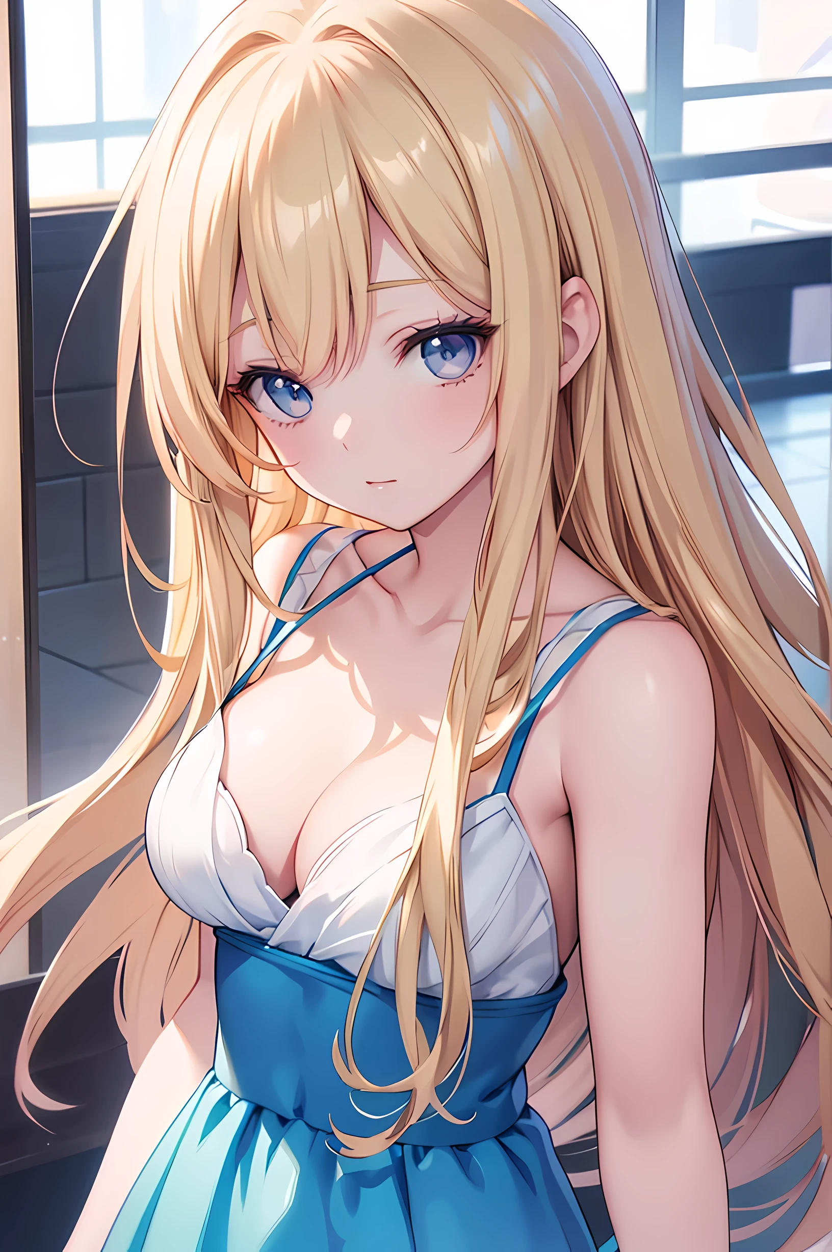 Blonde woman with long hair and blue dress posing for a photo, realistic anime art style, Photorealistic anime girl rendering, Smooth anime CG art, anime realism style, realistic art style, realistic young anime girl, Amazing digital painting, Realistic anime 3d style, beautiful anime portrait, realistic anime art style, close-up character portrait, realistic 3d animation, anime style portrait