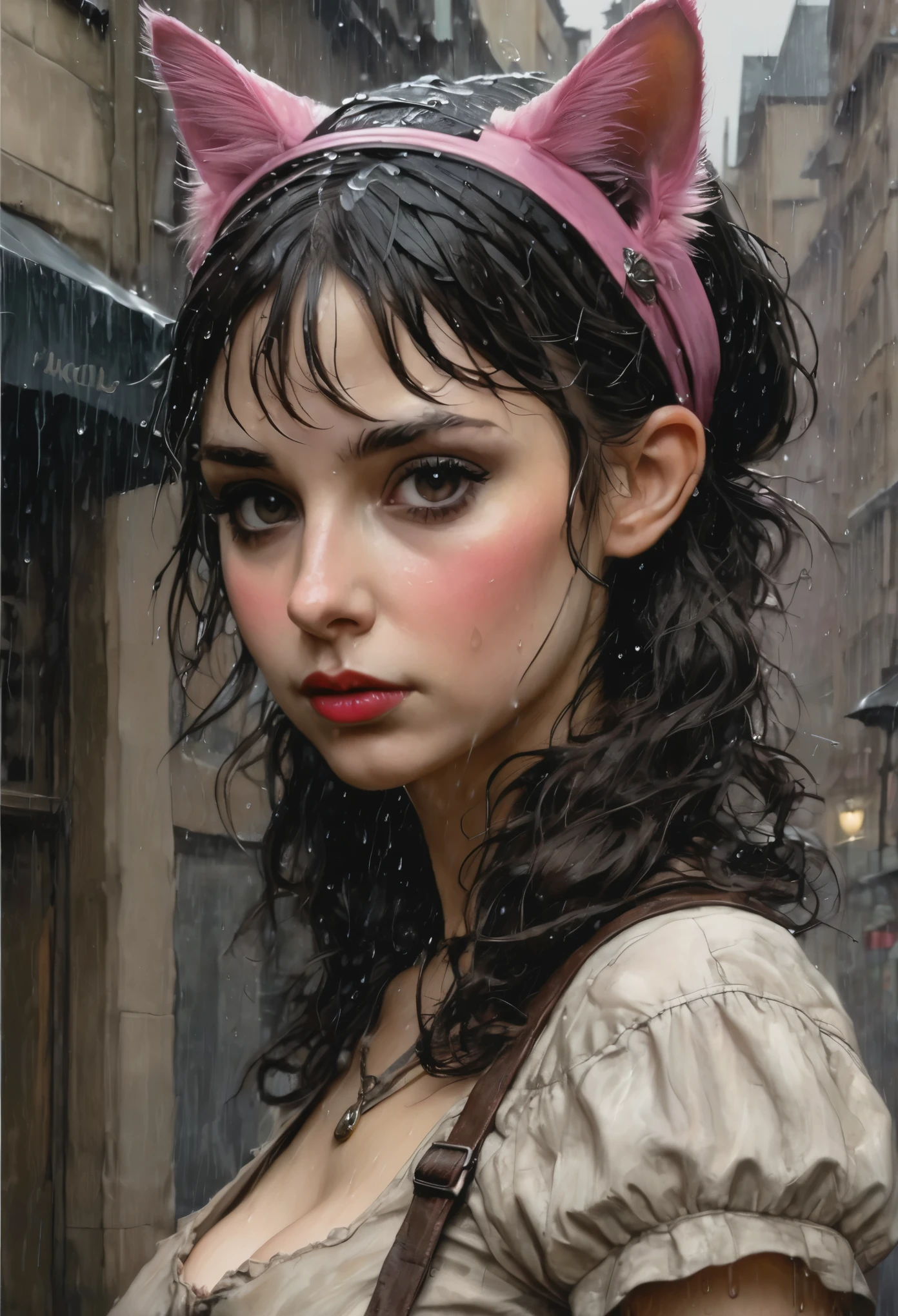 Realism, dark fantasy style, John Tolkien style, Small painting by Jean-Baptiste Monge, portraite of a, looks from the front, Soft facial features, wearing a headband with cat ears, Rocker Girl, Average height, plump dark pink lips, Engriberts eyebrows, dark brown eyes, looking at away, short straight hair to shoulder blades, Straight short hair, In a short dark silk fitted dress with a large cutout on the chest., big breastes, Bra, predatory nature, Standing next to a motorcycle, rain is dripping, The city, megalopolis, city trail, big house, glass skyscraper Jean-Baptiste Monge, anthropomorphic --ar 2:3 --testp -optimistic;
