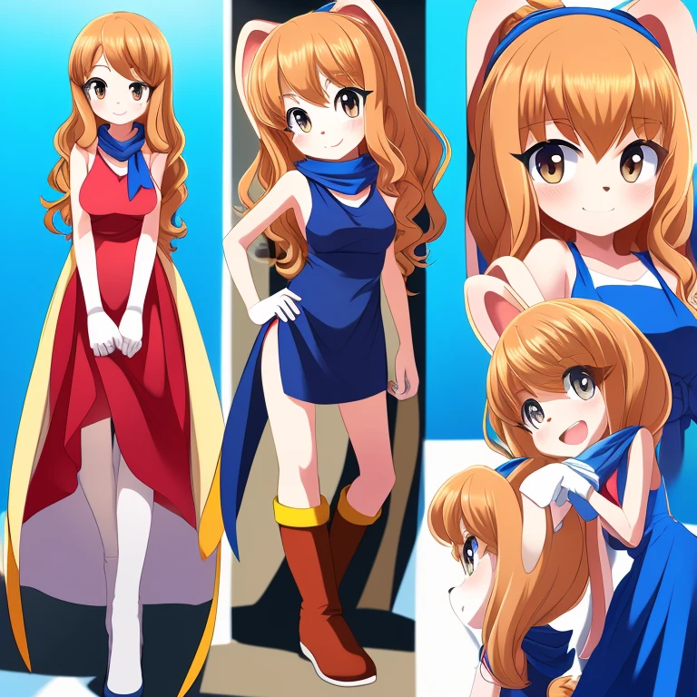 Female, Mobian, Rabbit, Cream the Rabbit, sonic the hedgehog \(series\), rabbit girl, ((solo)), ((1girl)), ((hairstyles, long wavy hair with curtain side bangs, similar to Maria)), brown eyes, young adult, average sized breasts, hair on top of shoulders, long peach hair color that’s is wavy, wearing a blue anime styled scarf, wearing a red one piece, knee length tights, black boots, white gloves, many expressions 