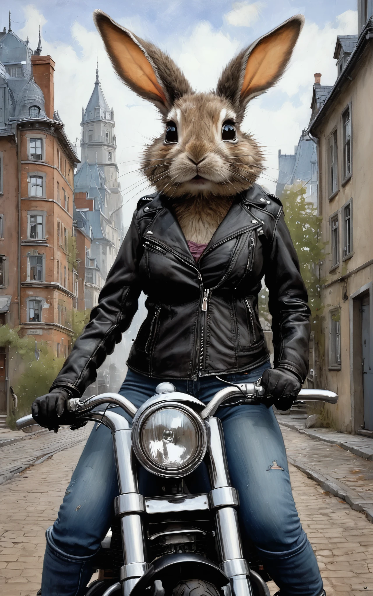 Realism, dark fantasy style, John Tolkien style, Small painting by Jean-Baptiste Monge, fluffy gopher girl with big breasts and big ears, looks like a bunny girl, In a short black leather jacket....., Jeans, Standing next to a motorcycle, The city, megalopolis, city trail, big house, glass skyscraperJean-Baptiste Monge, anthropomorphic --ar 2:3 --testp -optimistic;