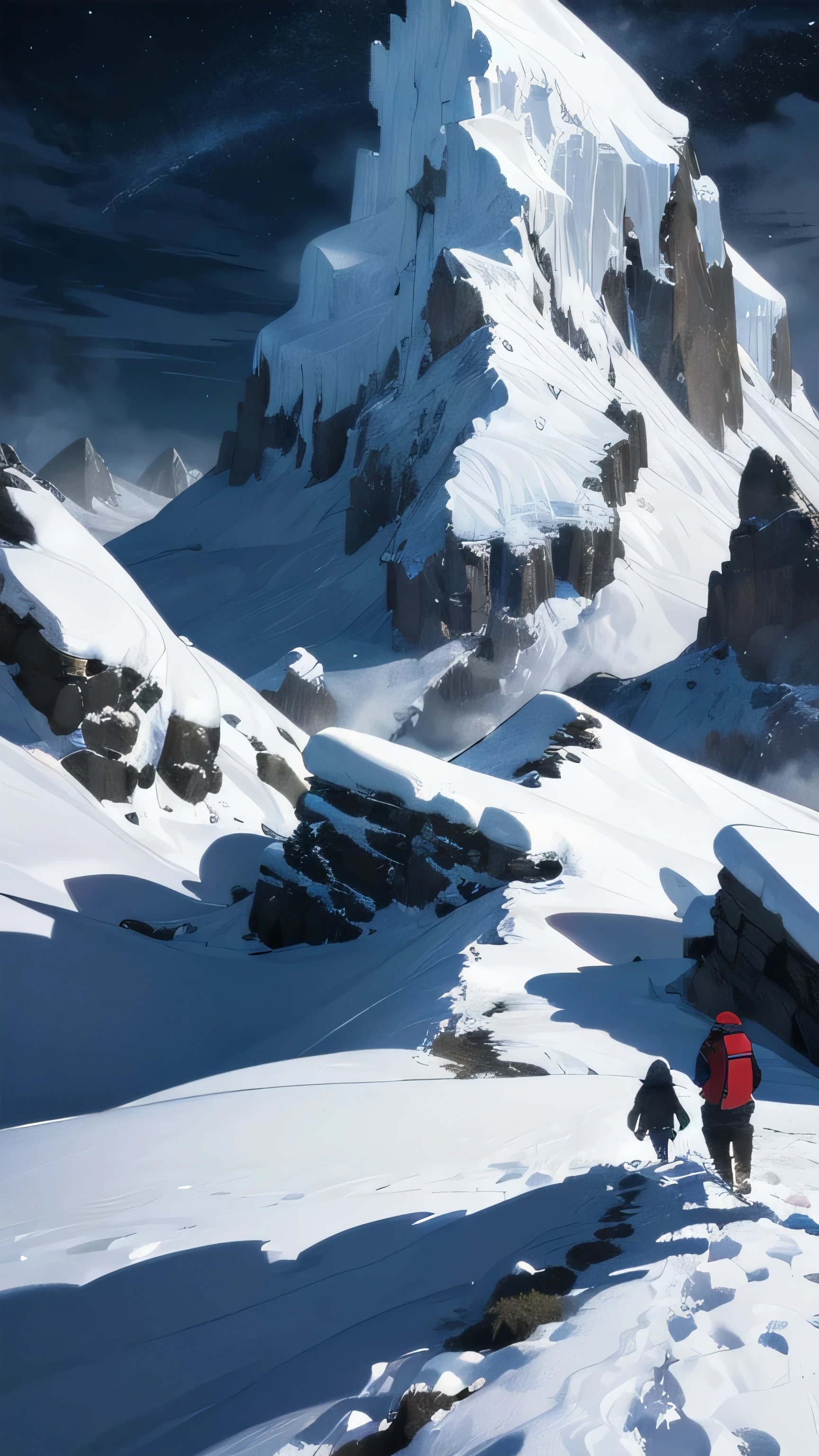 Panorama of the snow-covered mountain range: 1.4, blizzard and an eerily dark night: 1.3, (sloping snowy ridge plateau terrain with artistic beauty), the climb from the front of the snowy mountain ridge to the top is gradual, The altitude gradually increases from the front: 1.3, Taking a break, shooting from above towards the peak in the extremely cold polar region: 1.3, The background is a panoramic snowy landscape with a snowy horizon and distant snowy mountains: 1.3, The ultimate masterpiece and Ultimate Quality: 1.4, Extremely Delicate Details: 1.3, Late Night Snow Pole Carefully Finished by Professional Art Background Illustrators: 1.4), Professional Award Winning Photography Realistic Movie Poster Digital Illustration: 1.4, Artistic beauty: 1.4, Composition that captures the scenery in the screen, realistic rather than fantasy scenes: 1.4, The highest snowy mountain near the top creates a powerful and eerie atmosphere. Cloudy sky due to black anomaly due to strange paranormal phenomenon: 1.3, No one: 1.4, Shot looking up at the mountain, illustration inspired by the scenery of climbing Everest: 1.3, Realistic mountain terrain: 1.4, Illustration based on actual scenery : 1.4, No one: 1.4, Antarctic polar region: 1.4, There are mountains in front, and the higher you go, the higher you go: 1.3, Beautiful and calm mountains, emotional and dramatic deep blue and pitch black night, rough dark gray cloudy sky : 1.3, Blizzard Stylish: 1.4, Ground shot: 1.3, Super close-up: 1.4, Movie-like snowy mountain exploration movie setting where you climb a secret peak, one scene: 1.3