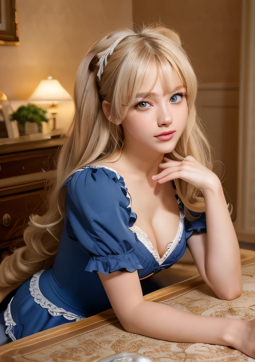 NSFW,(camel toe),(table top, highest quality:1.2), ,In 8K, pretty big breasts、cleavage、beautiful thighs、big ass、Raw photo,platinum blonde long hair, (blue eyes, ta fashion, :1.2), Full body Esbian, amazing beautiful girl, face light, professional lighting, cinematic lighting, detailed face, background bokeh