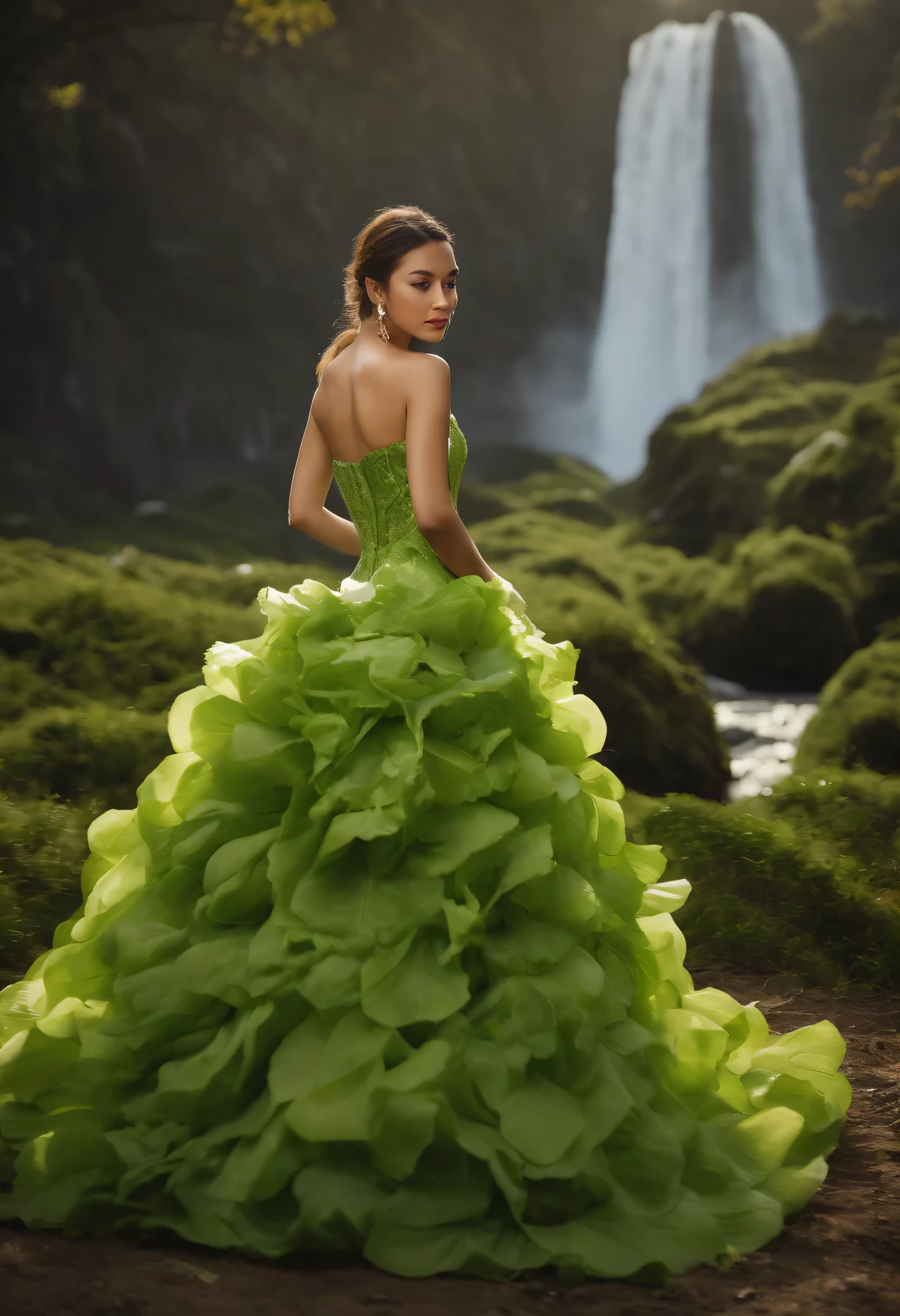 On green meadows,A stunningly beautiful couple in their 20s,They are mixed with Chinese,sweet smile,Look straight ahead。(Model wearing a dress made from real green cabbage),The dress made of green cabbage leaves is shaped like a waterfall(Clothes made of green cabbage leaves form a large number of stacked decorations(The clothes should be designed and made of real green cabbage leaves.)Fashion,HD quality,8K resolution。 Perfect color matching to produce 4 photos,--v 5.2 --ar 9:16