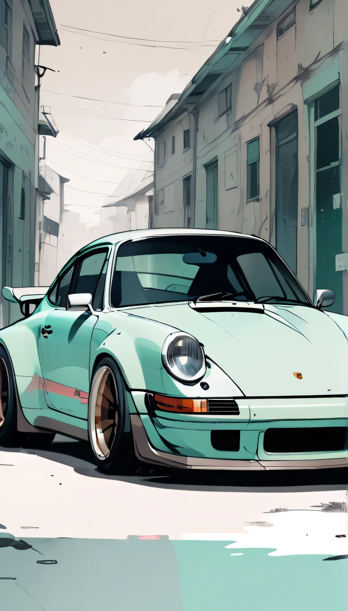 A Porsche 911 rwb， Minimalist, Disjointed,Editor， illustration ，Dark beige and mint