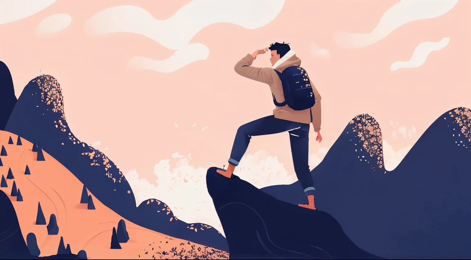 illustration of a man standing on a rock with a backpack, simple and clean illustration, illustration style, 2d illustration, flat illustration, exciting illustration, a wanderer on a mountain, flat illustration, illustration!, simple illustration, #illustration, an illustration, Illustrations detailed, digital art illustrations, fabulous illustrations, animated illustration style, surreal flat colors, minimalistic illustrations,8K