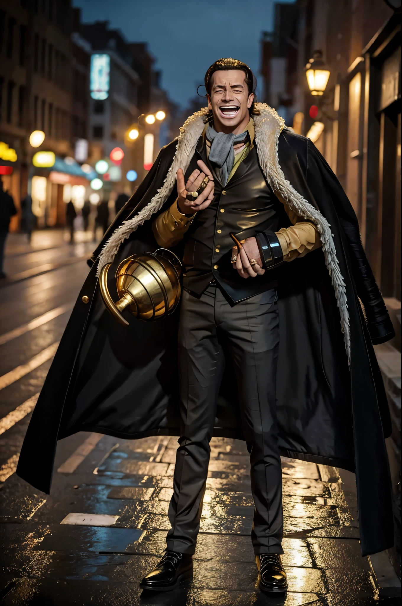 masterpiece, best quality, extremely detailed, hyperrealistic, photorealistic, a cool 40s man, ultra detailed face:1.2, fur-trimmed coat, scarf around the neck, his left hand is a golden pirate hook:1.1, cityscape, in the night:1.1, laughing