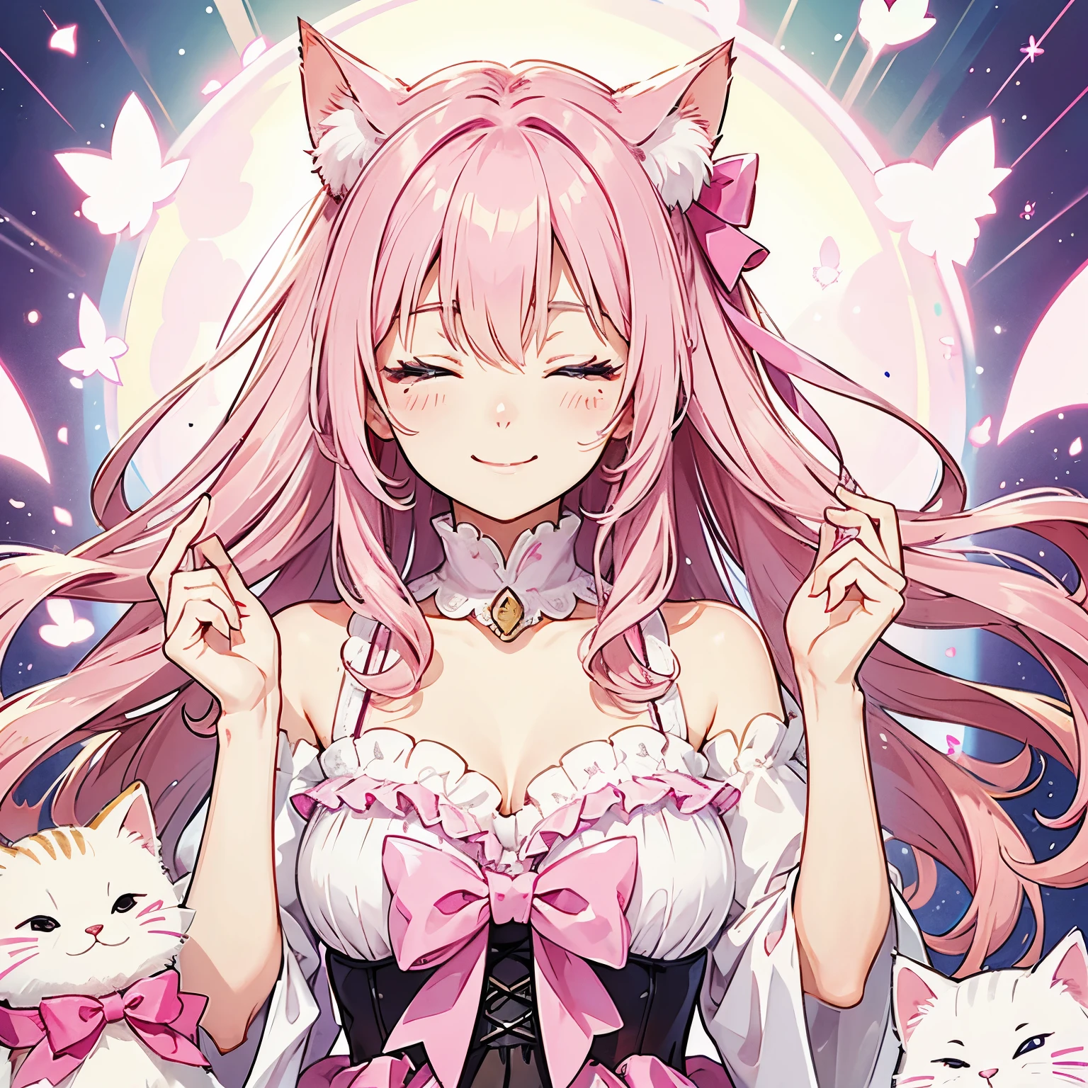 Cat with pink ribbon、Hair Pink、pink eyes、smiling with eyes closed