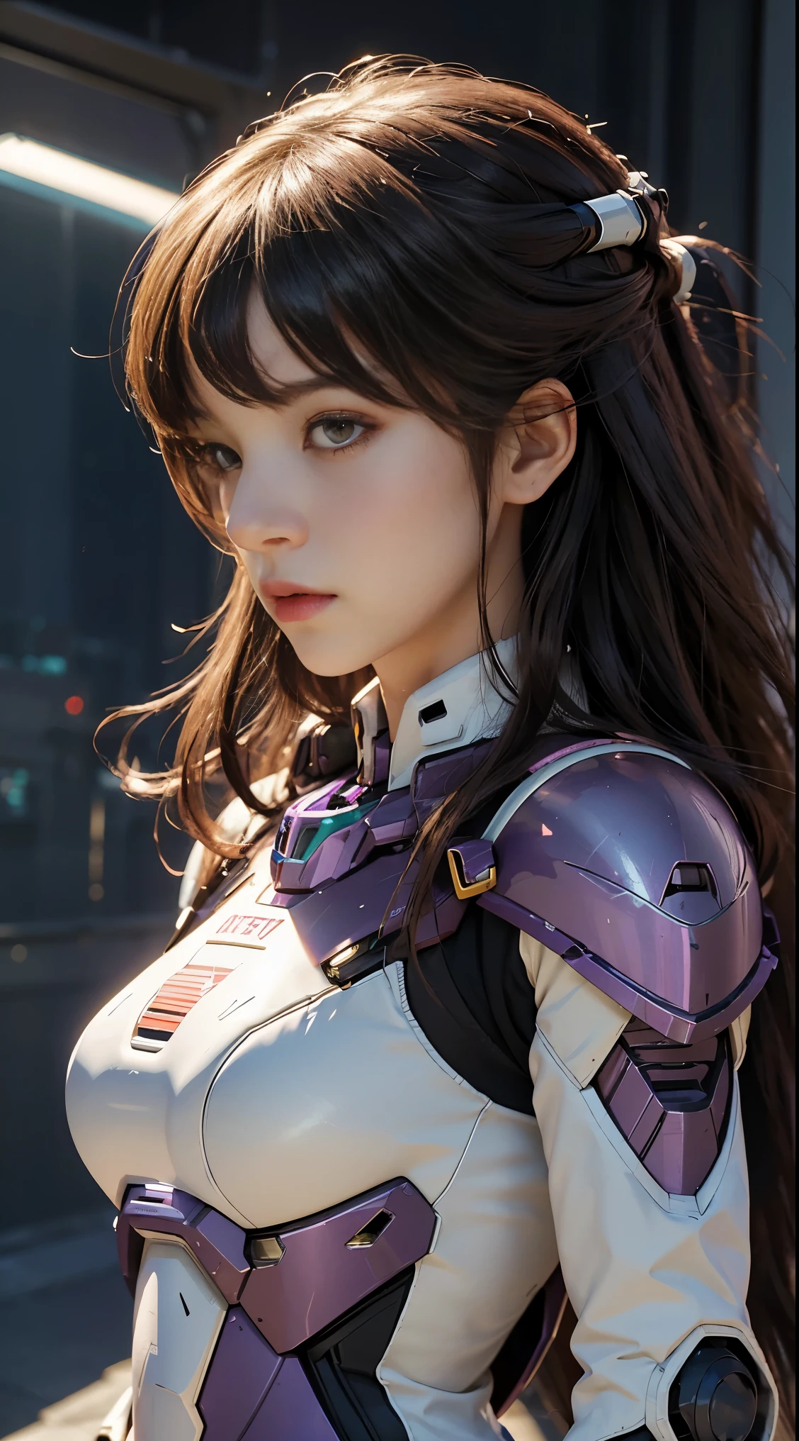 RAW, Masterpiece, Ultra Fine Photo,, Best Quality, Ultra High Resolution, Photorealistic, Sunlight, Full Body Portrait, Stunningly Beautiful,, Dynamic Poses, Delicate Face, Vibrant Eyes, (Side View) a close up of a woman in a pink and white gundam custume, dybamic pose, long brown very very long hair rapunzel, girl in mecha cyber armor, portrait armored astronaut girl, d. va from overwatch, female mecha, on a gundam, gundam head, chiho aoshima color scheme, mobile suit, streamlined purple armor, fully robotic!! girl, realistic cosplay, gundam armor (dynamic pose) (best cameraview), full body