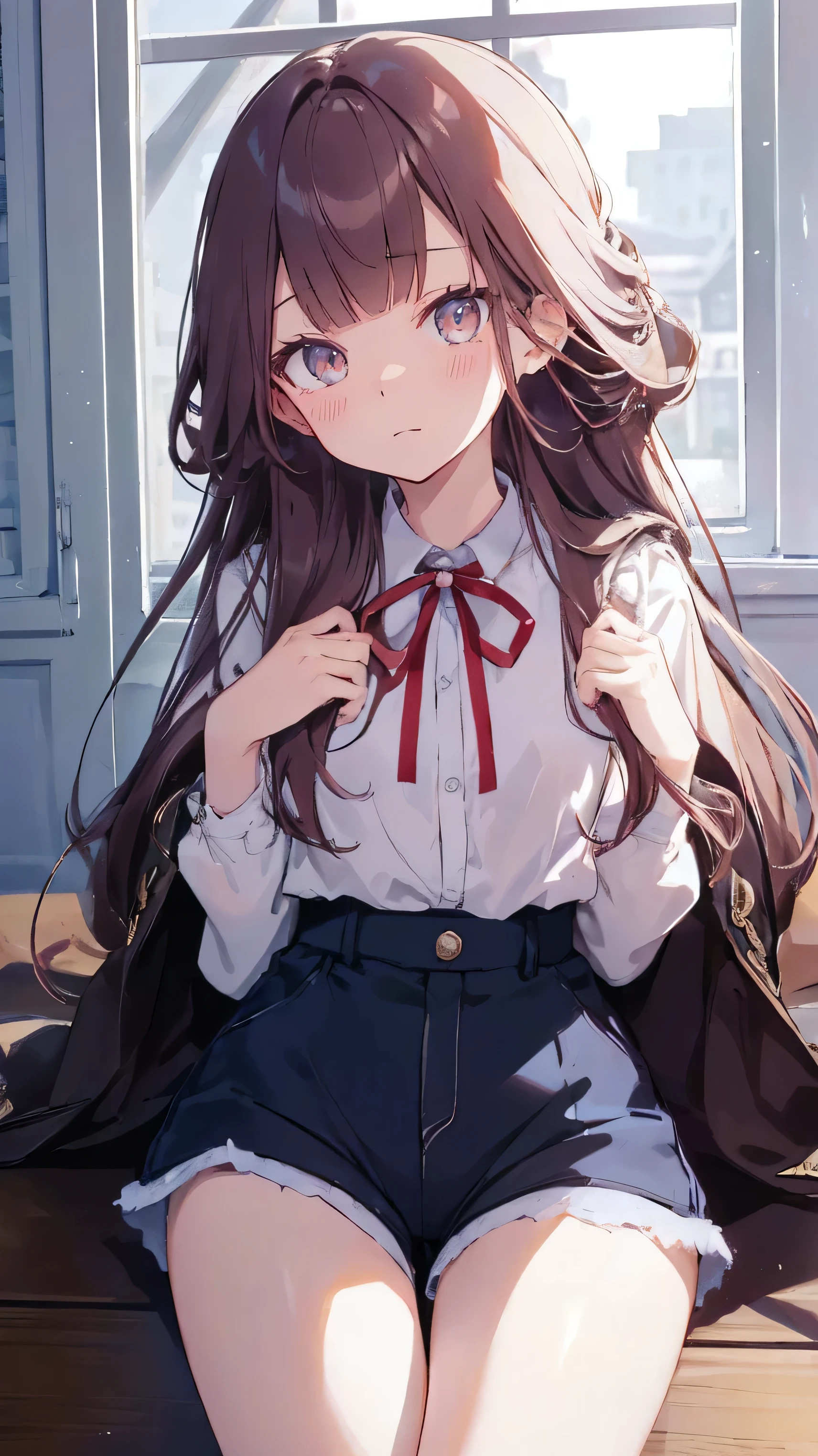 master piece、Highest image quality、highest quality、 ((panic))、glossy hair quality、small face、sitting、Super detailed and beautiful bright eyes、Super detailed clear and beautiful face、(cute illustration:1.2), High-resolution, ultra-detailed, best quality, embarrassed、(Gaps in shorts).(You can see her cute underwear through the gap)、
