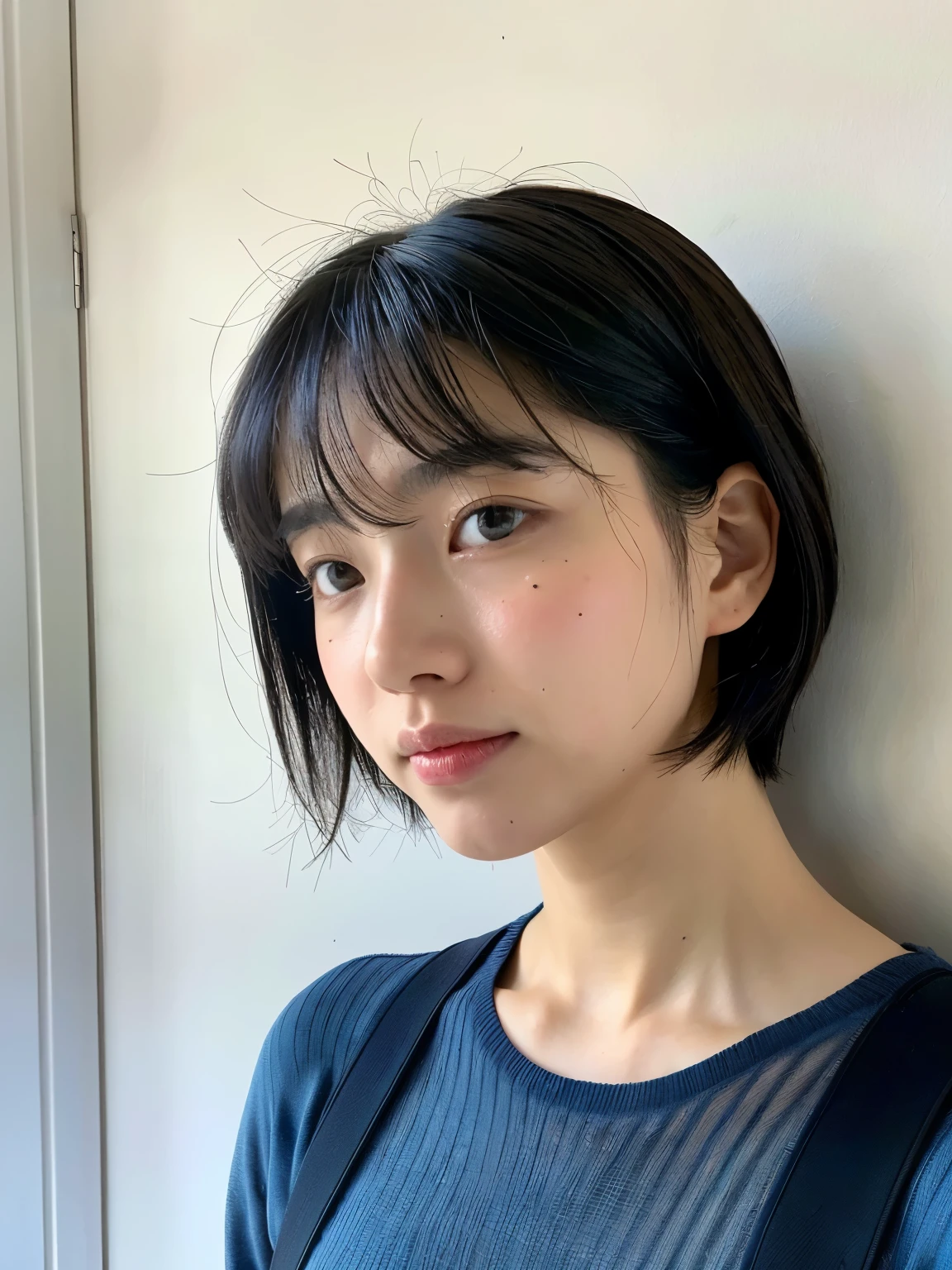 See-through tops、、camisole、(背景にwhite wall、Some of her hair is sky blue:1.4)、white wall、Taken in front of the white door、(窓のあるwhite wallの部屋)、((highest quality、8K、masterpiece:1.3))、ultra high resolution、(photogenuineistic:1.4)、Raw photo、Japanese,(face)、genuine、Photographed in natural light、Highly detailed face and skin texture、highly detailed lips、correct state of the human body、short cut hair、black hair、various poses、natural color lip、from the front、close up of face、facing forward