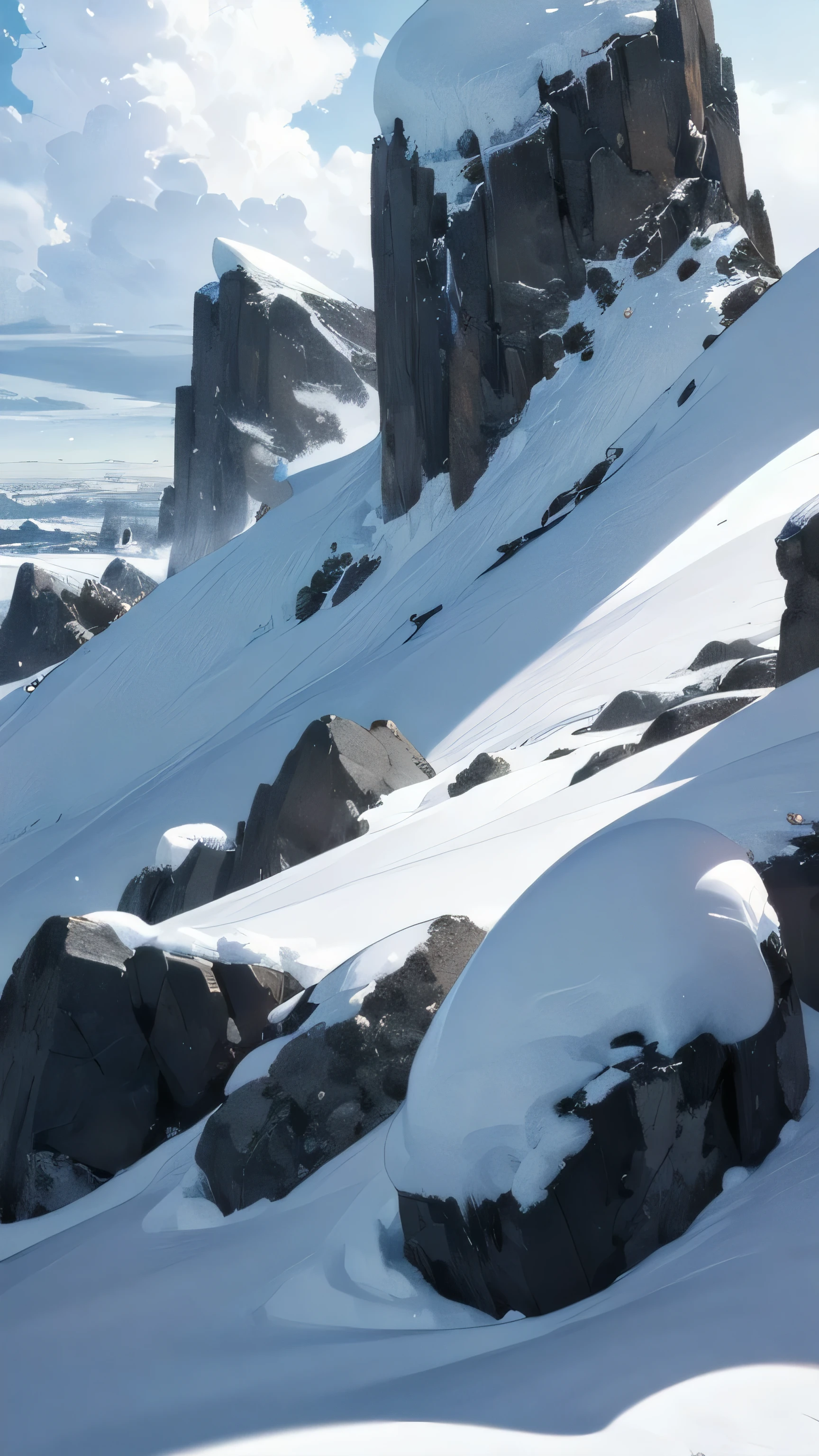 Panorama of the snow-covered mountain range: 1.4, blizzard and an eerily dark night: 1.3, (sloping snowy ridge plateau terrain with artistic beauty), the climb from the front of the snowy mountain ridge to the top is gradual, The altitude gradually increases from the front: 1.3, Taking a break, shooting from above towards the peak in the extremely cold polar region: 1.3, The background is a panoramic snowy landscape with a snowy horizon and distant snowy mountains: 1.3, The ultimate masterpiece and Ultimate Quality: 1.4, Extremely Delicate Details: 1.3, Late Night Snow Pole Carefully Finished by Professional Art Background Illustrators: 1.4), Professional Award Winning Photography Realistic Movie Poster Digital Illustration: 1.4, Artistic beauty: 1.4, Composition that captures the scenery in the screen, realistic rather than fantasy scenes: 1.4, The highest snowy mountain near the top creates a powerful and eerie atmosphere. Cloudy sky due to black anomaly due to strange paranormal phenomenon: 1.3, No one: 1.4, Shot looking up at the mountain, illustration inspired by the scenery of Everest: 1.3, Realistic mountain terrain: 1.4, Illustration based on real scenery: 1.4, No one: 1.4, Antarctic polar region: 1.4, There are mountains in the foreground, and the higher you go, the higher you go: 1.3, Beautiful and calm mountains, emotional and dramatic deep blue and pitch black night, rough dark gray cloudy sky: 1.3, Blizzard Stylish: 1.4, Ground shot: 1.3, Super close-up: 1.4, Movie-like snowy mountain exploration movie setting where you climb a secret peak, one scene: 1.3