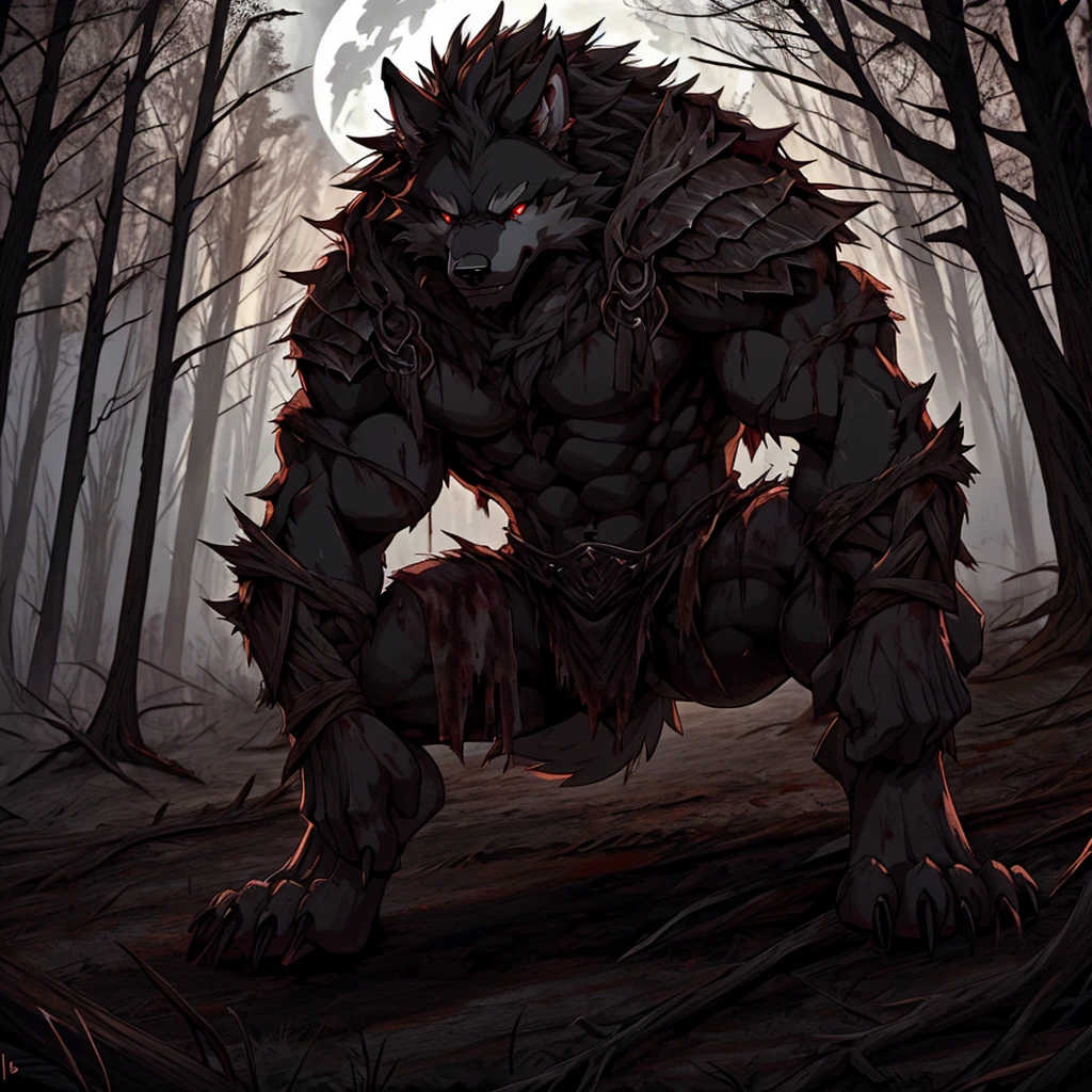 Muscular, strong, black fur, werewolf, blood-red eyes, naked upper body, wild and violent (Background is withered forest dead trees dark night gloomy environment）