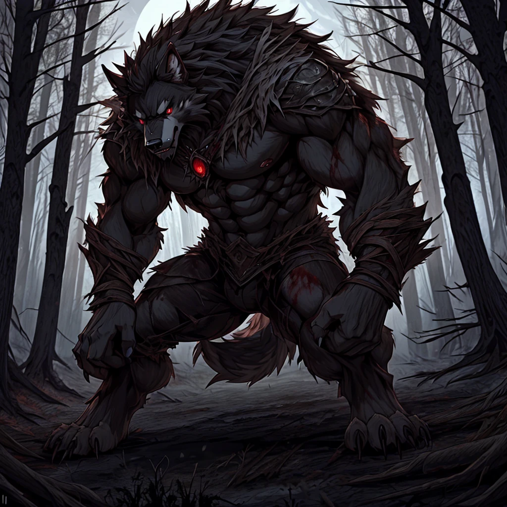 Muscular, strong, black fur, werewolf, blood-red eyes, naked upper body, wild and violent (Background is withered forest dead trees dark night gloomy environment)
