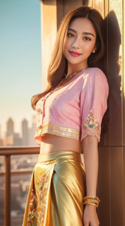 Half body photo, 1 beautiful Asian girl;
pink shirt, intricately embroidered shirt, unbutton the shirt;
sky blue skirt, pure skirt color, short skirt, exposed belly, the skirt is lifted, Shirt buttons made of emeralds;
pink panties, floral embroidered panties, underwear exposed;
long hair,wind blowing through hair;
wearing jewelry, natural makeup, wearing modern jewelry, makeup gold and gem jewelry;
extremely detailed eyes and face, lovely smile, delicate blush, sensuous lips, fragrant lipstick, intricate facial details, exuding femininity, feminine presence;
perfect skin, flawless skin texture perfect, shiny metallic skin;
blurred city backdrop, soft lighting, vivid colors, soft sunlight, subtle sunlight, dreamy, luxurious atmosphere, perfect lighting;
Super high quality, surreal, 8K, high resolution, masterpiece, detailed, extremely magical, professional cinematic lighting, black and golden beam, vibrant colors;
Fine brushstrokes,ethereal vibe,mesmerizing gaze,dreamy atmosphere,blending elegance,golden hour lighting,subtle color gradients,detailed floral patterns,understated beauty;
The photo focuses on the clothes.