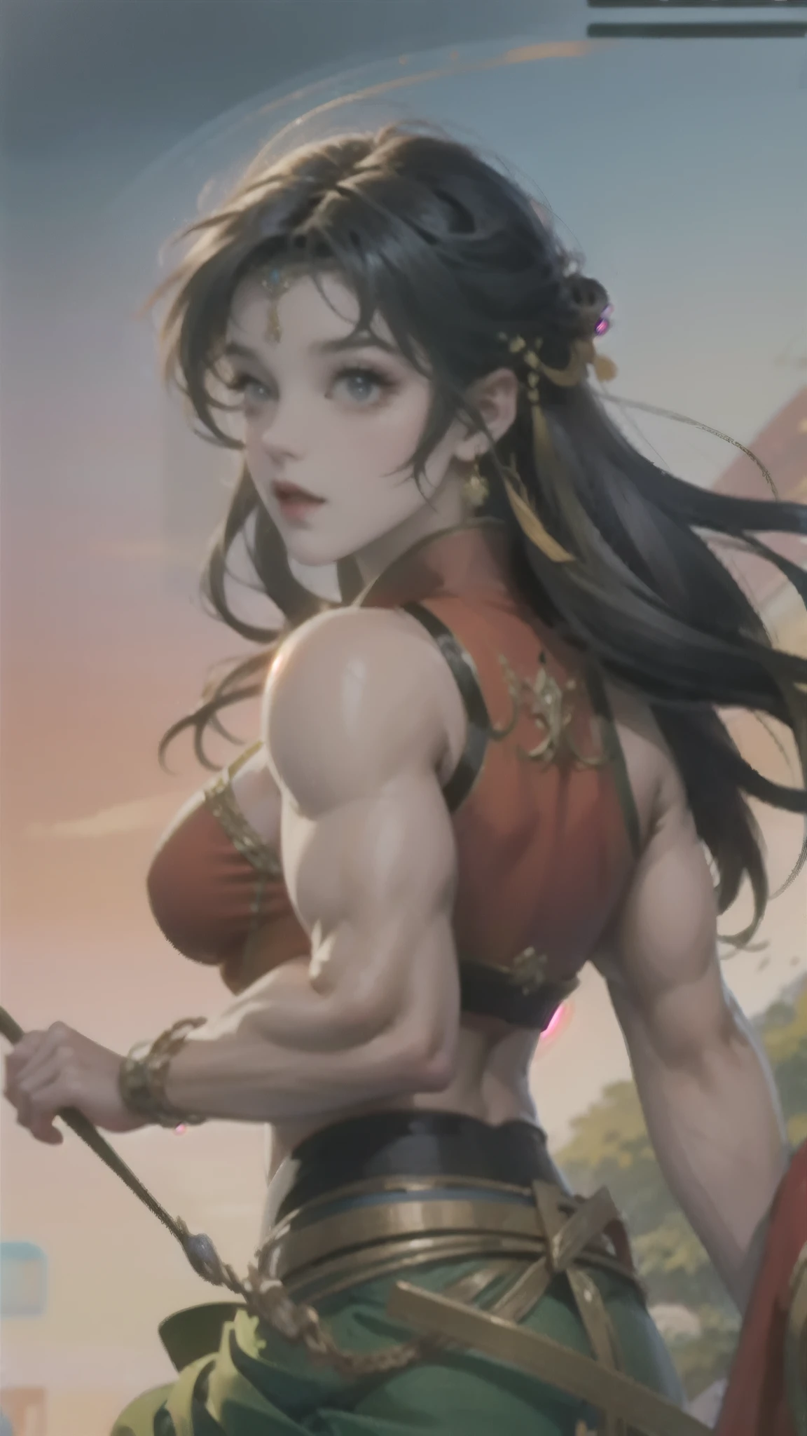 (masterpiece, best quality:1.2), 1girl, ,girl,beautiful face, , alternate muscle size,black hair,,muscular ,abs,biceps,