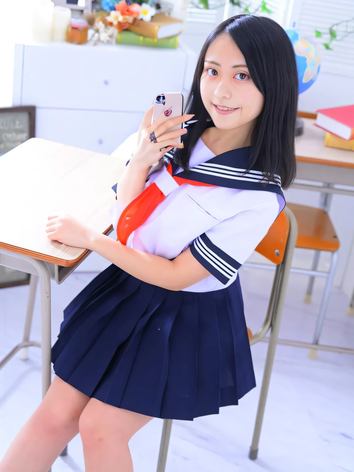 There is a woman wearing a uniform and taking a photo., wearing japanese school uniform, japanese girl uniform, japanese , cute high school girl, of posing, wearing , girl in uniform, wearing , beautiful anime high school girl, kimi takemura, Young beautiful girl gravure idol, mayuri shiina, seifuku