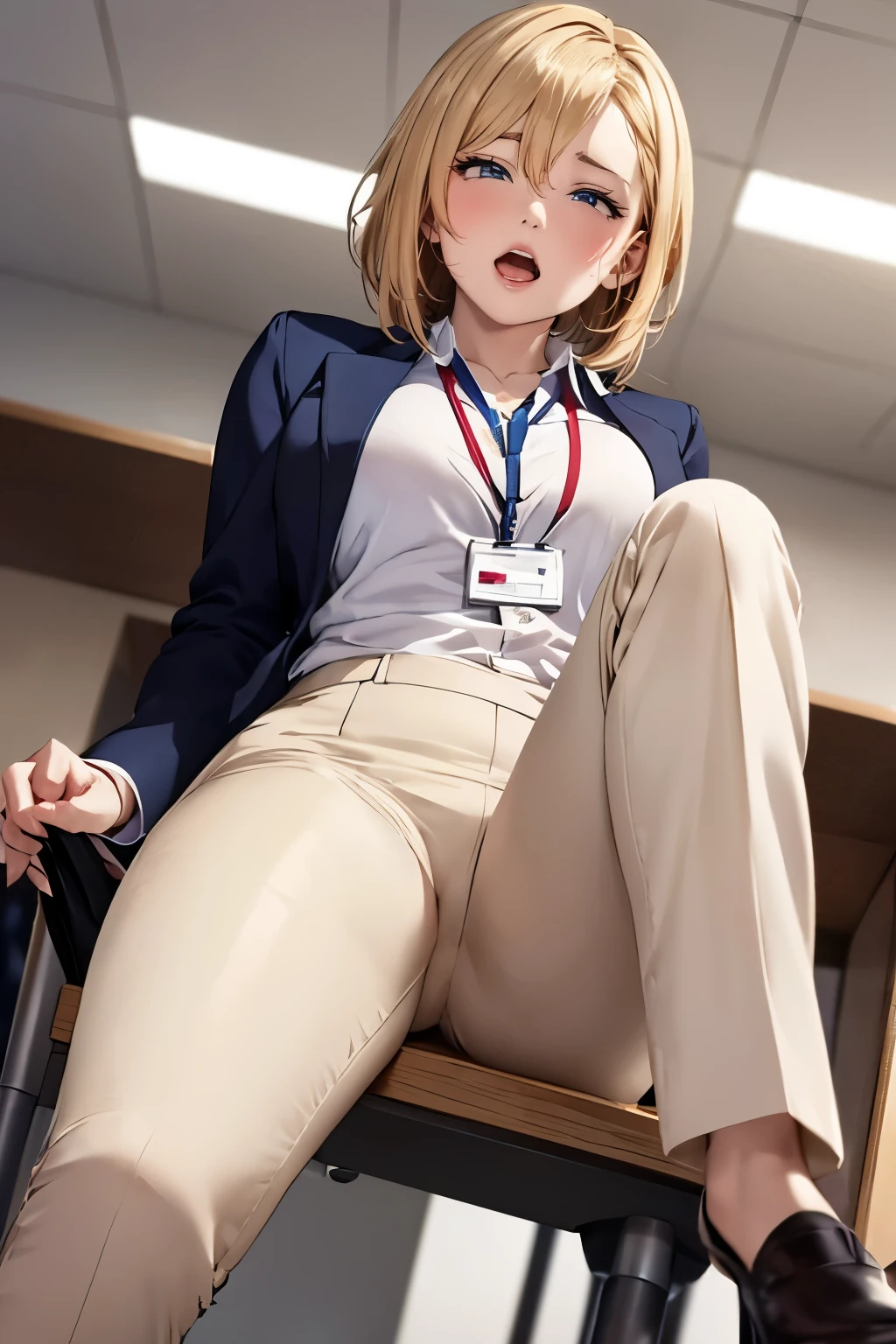 angle from below, a woman works as a manager, in the office, on the desk, (touching crotch from over front of pants, naughty mood), masturbate, ecstasy face, drooping eyes, (bandy-legged), business suit, jacket, beige pants of various fabrics, id card, 