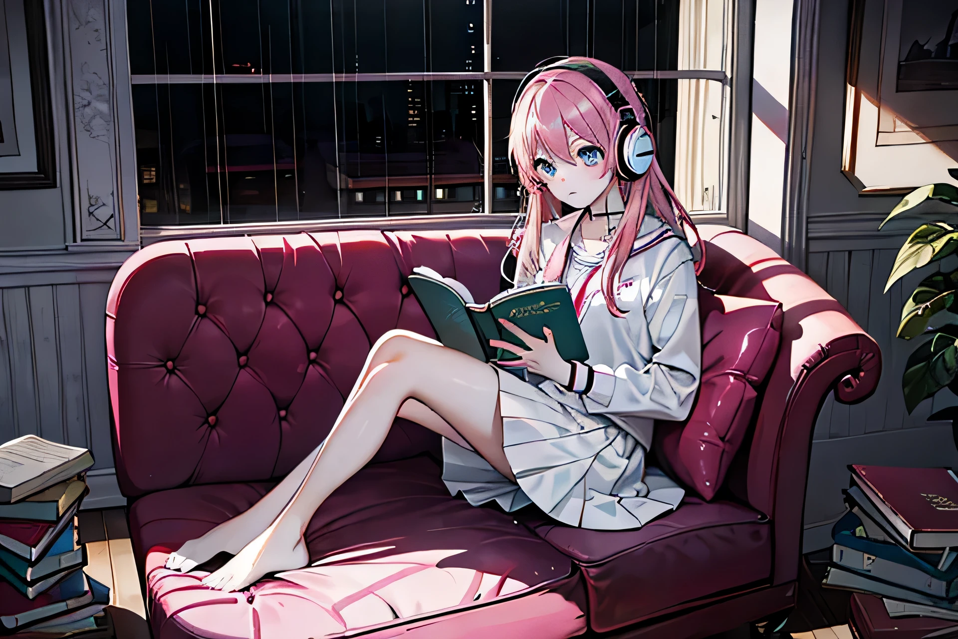 Super high quality by the art god, High resolution, pink hair, alone, girl,  high school student, wearing headphones, rain outside the window, full body angle, sitting on the sofa, read a book