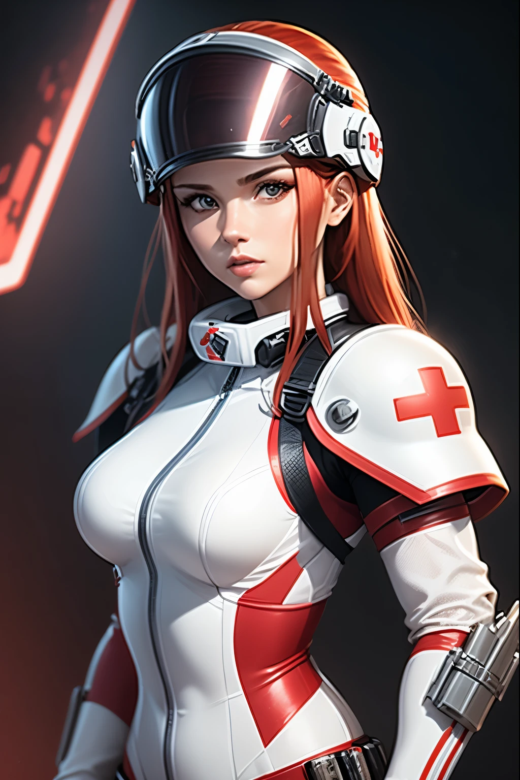 Adult female with athletic build, shoulder-length red hair, wearing white metal combat armor and a white metal catsuit with a metal utility belt, white metal gloves, the word "mendy" on the chest, a medic red cross emblem on the chest, a professional-looking protective fighter pilot helmet, and visor.