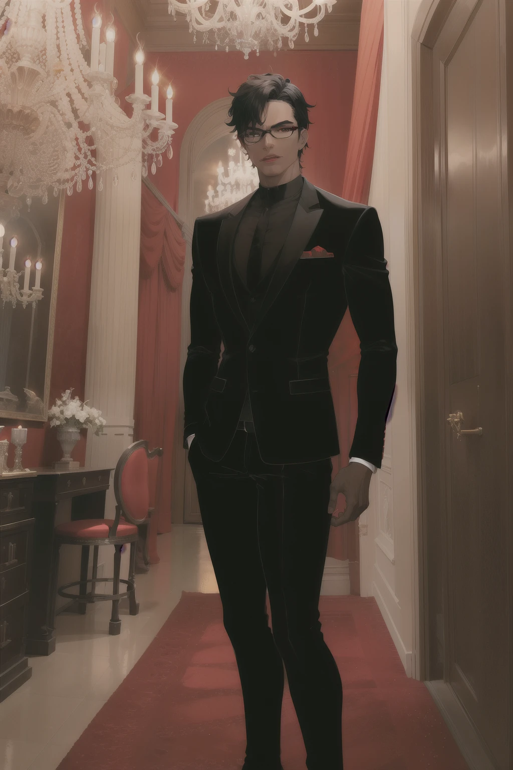 Brown skinned boy. Wearing black glasses. Tall. Messy black hair. Wearing a vampire-like red clothing. Background is beautiful chandeliers. Gothic setting. Olive green eyes. Full body image. Sharp jawline and cheekbone. Thick eyebrows.