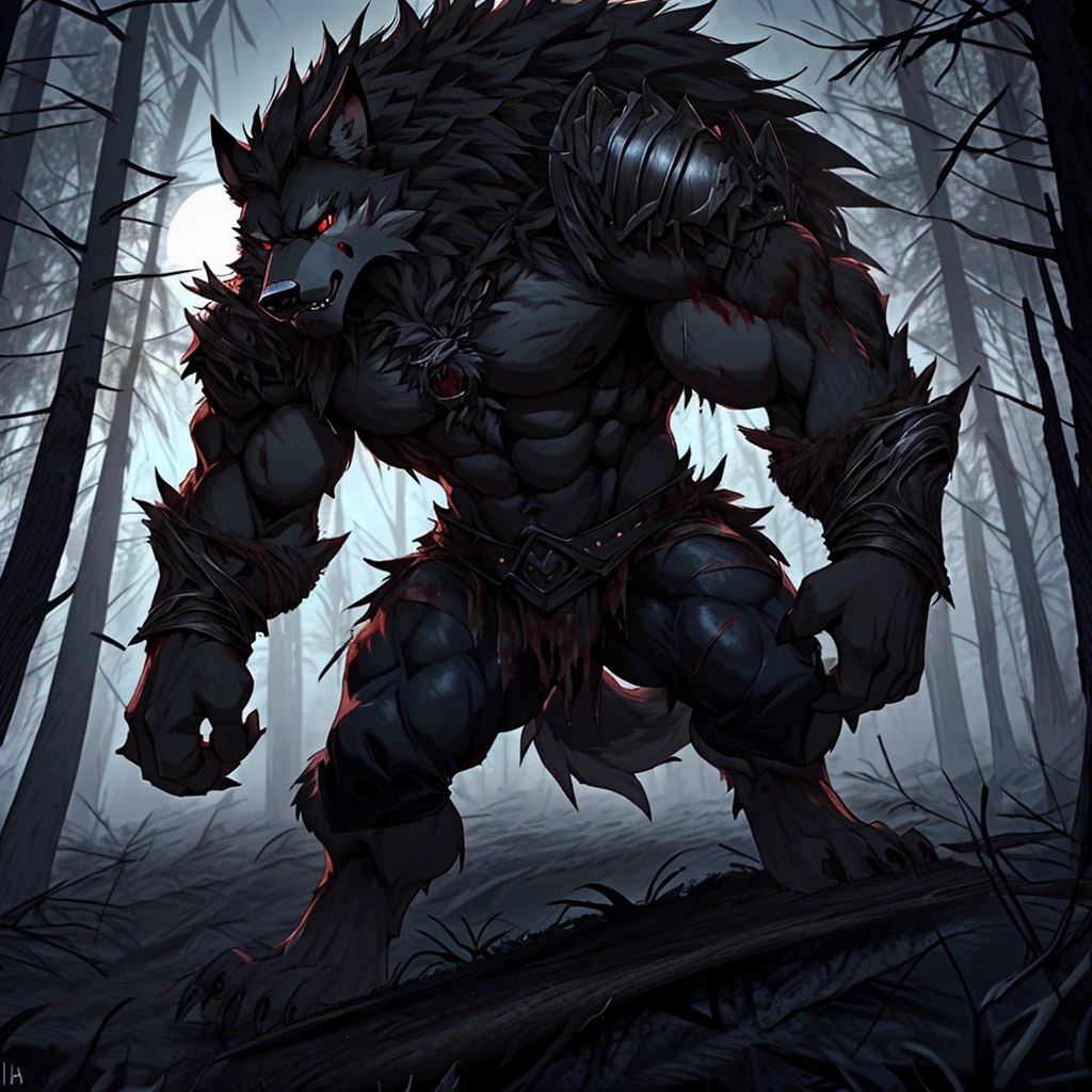 Muscular, strong, black fur, werewolf, blood-red eyes, naked upper body, wild and violent (Background with withered forest dead trees dark night foggy gloomy environment）