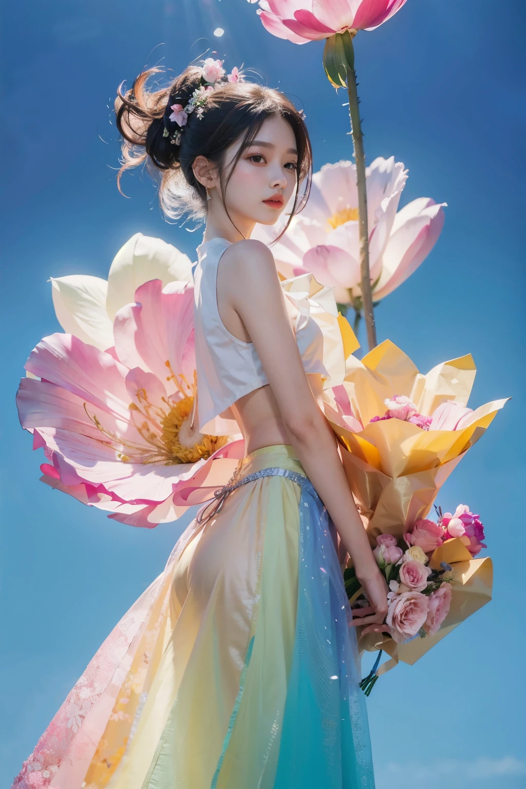 There is a lady in a skirt holding a bouquet of flowers, author：Russell Dongjun Lu, jingna zhang, inspired by Yanjun Cheng, by Yanjun Cheng, yanjun chengt, official artwork, Artgerm and Atey Ghailan, Chen Lin, author：Li Song, author：Deng Shanyun, inspired author：Russell Dongjun Lu, Color photos